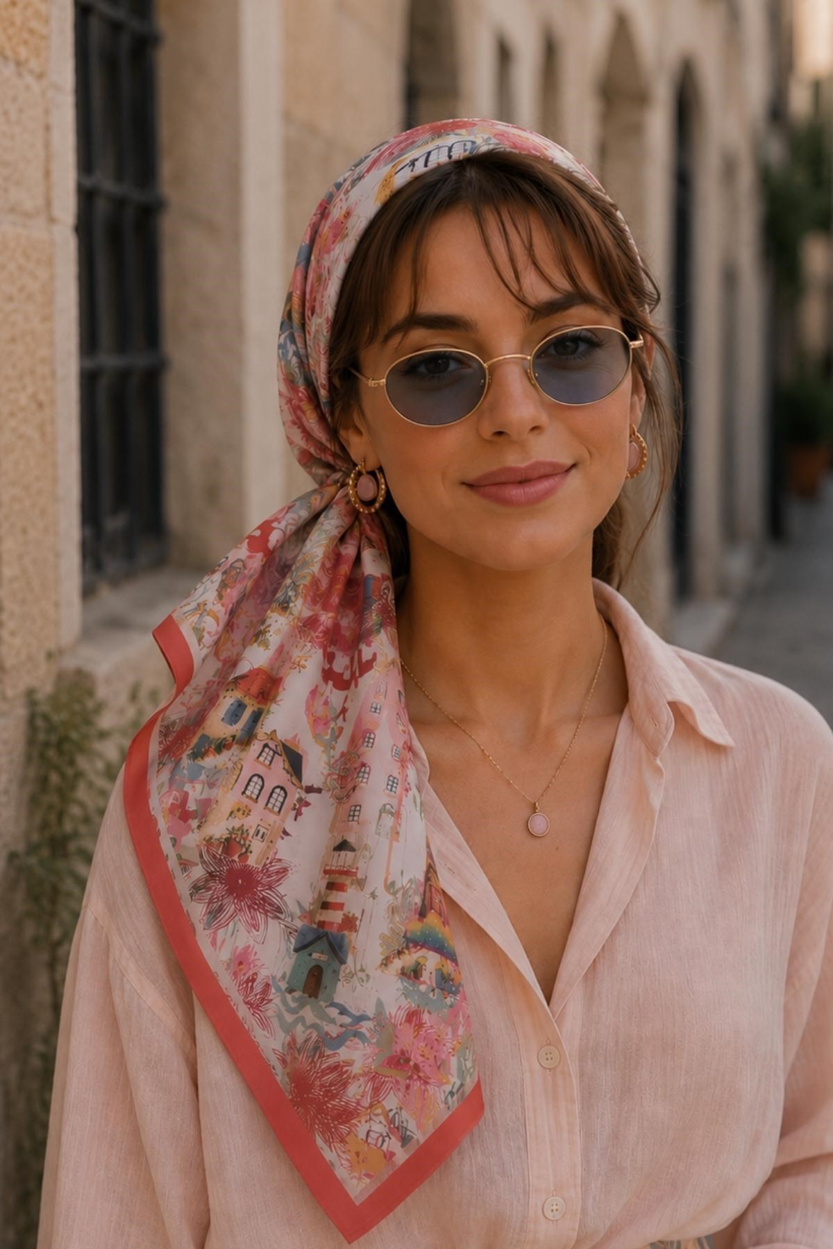 Masal Desen Kırmızı-Pudra Soft Bandana Fular 50x50 cm