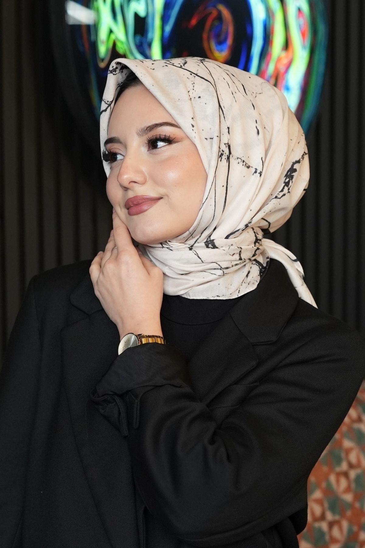 Mermer Desen Bej Soft Pamuk Eşarp