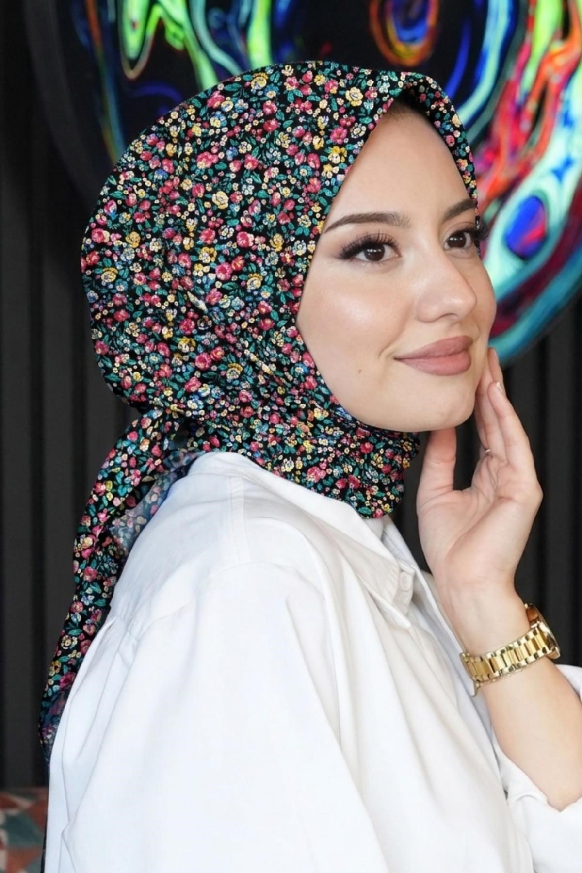 Mini Çiçek Desen Fuşya Soft Pamuk Eşarp