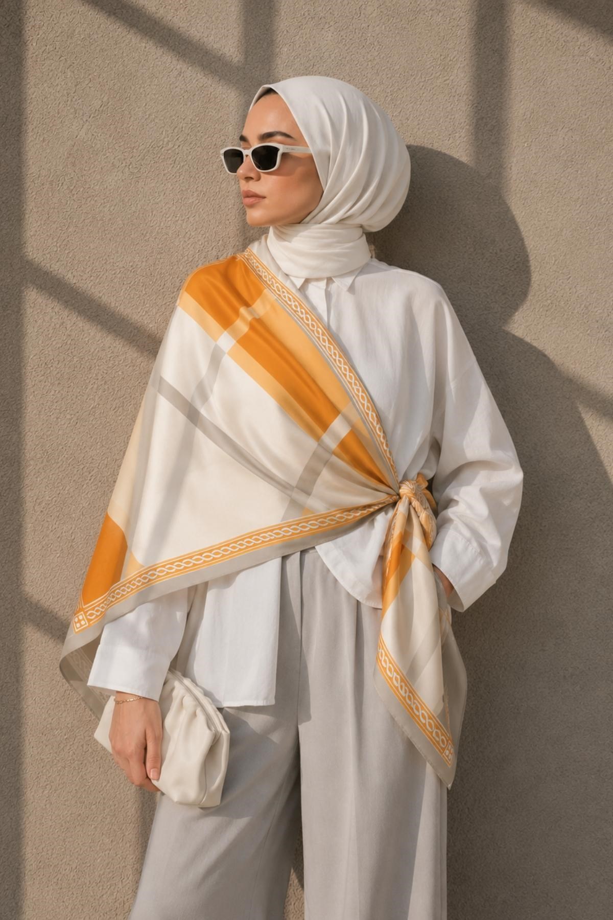 Minimal Geometrik Çizgi Desen Hardal-Bej Soft Fular Eşarp 90x90 cm
