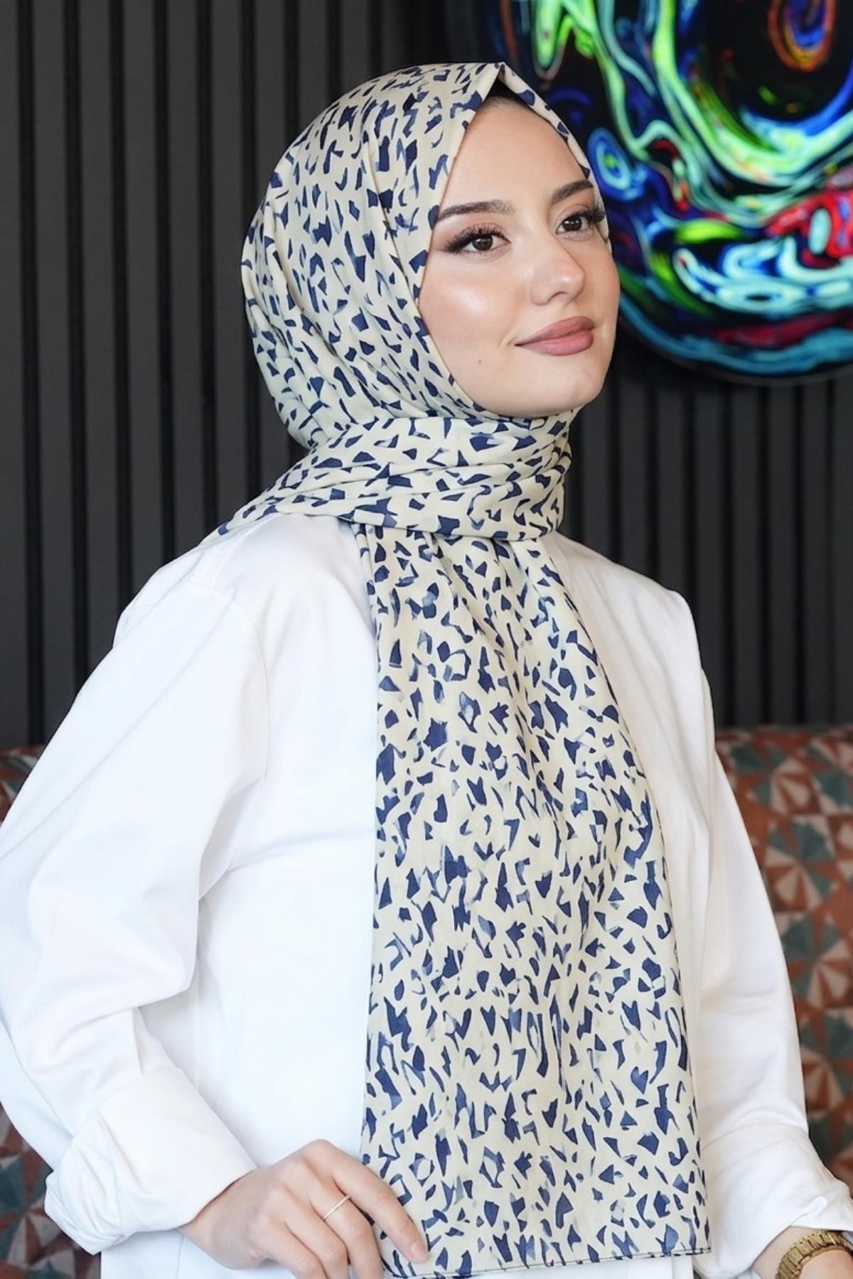 Mozaik Desen Lacivert Soft Pamuk Şal