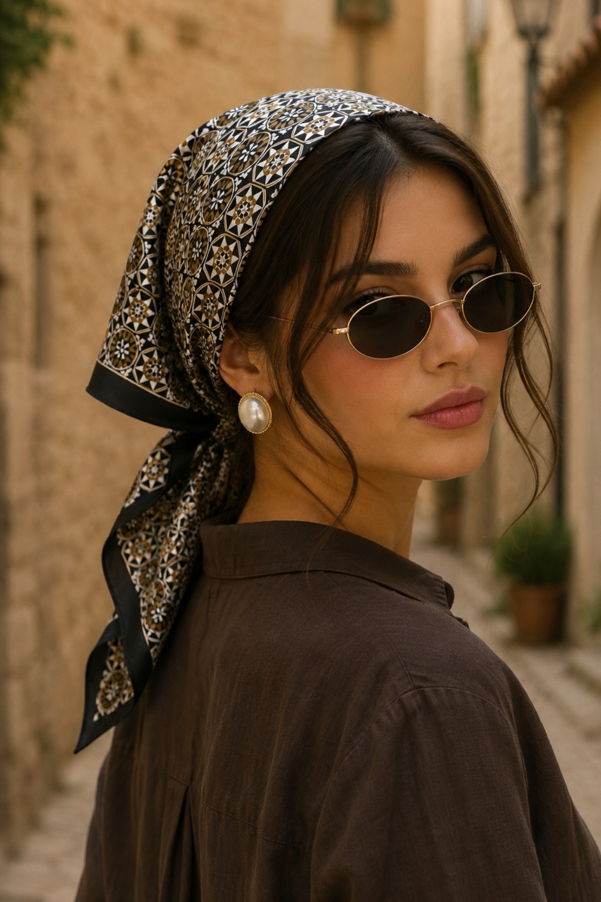 Mozaik Desen Siyah Saten Bandana Fular 50×50 cm