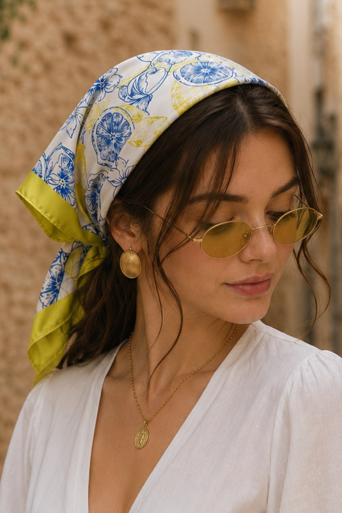 Narenciye Bahçesi Desen Sarı Saten Bandana Fular 50×50 cm
