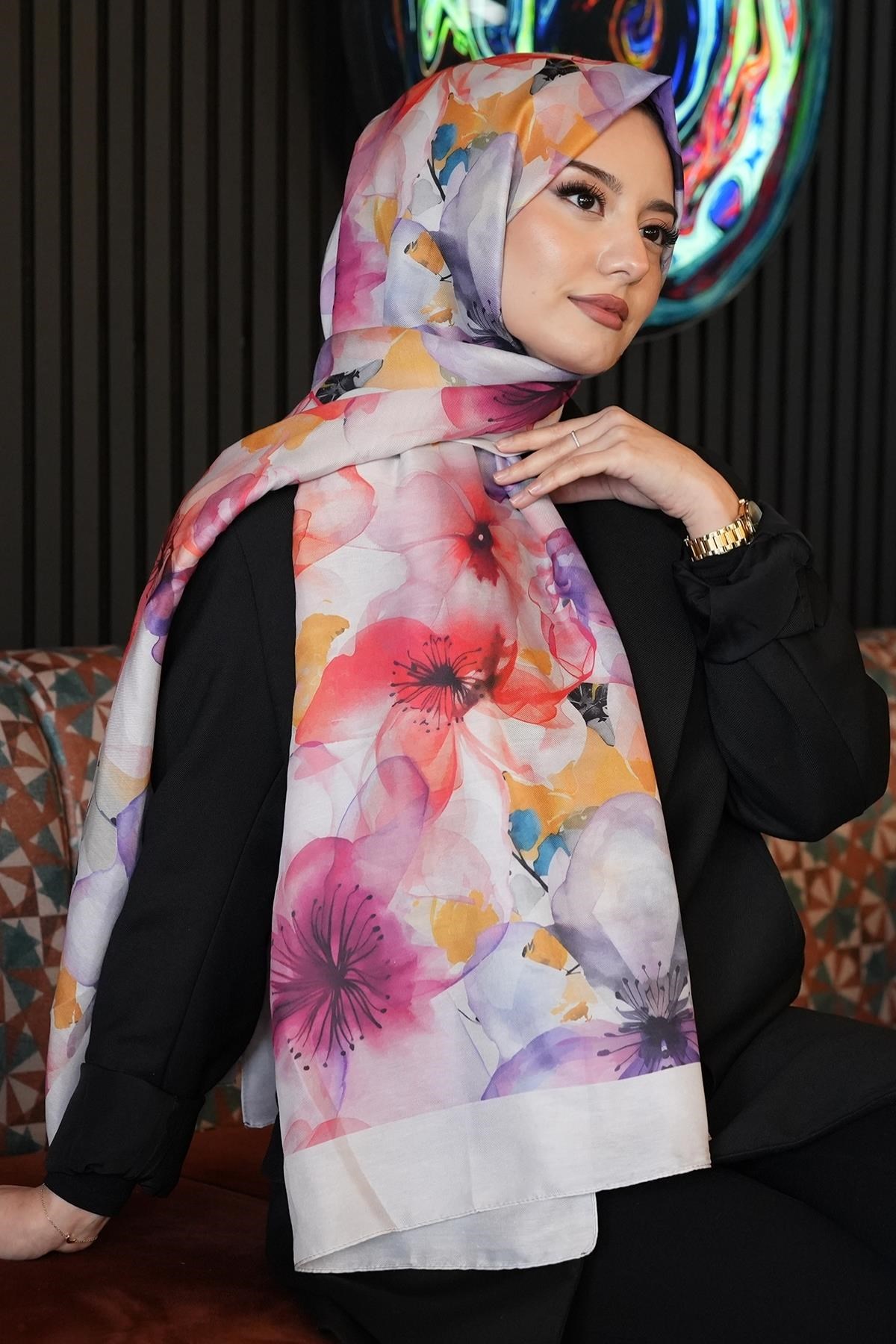 Orkide Desen Pudra Soft Pamuk Şal
