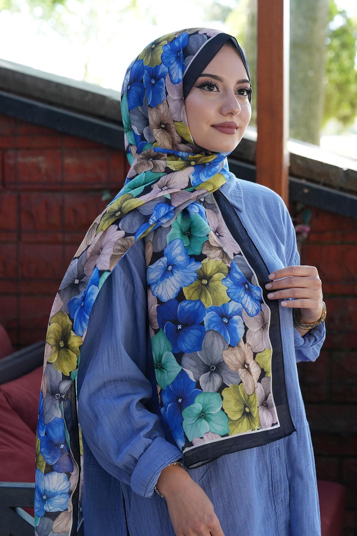 Ortanca Çiçek Desen Saks Soft Pamuk Şal