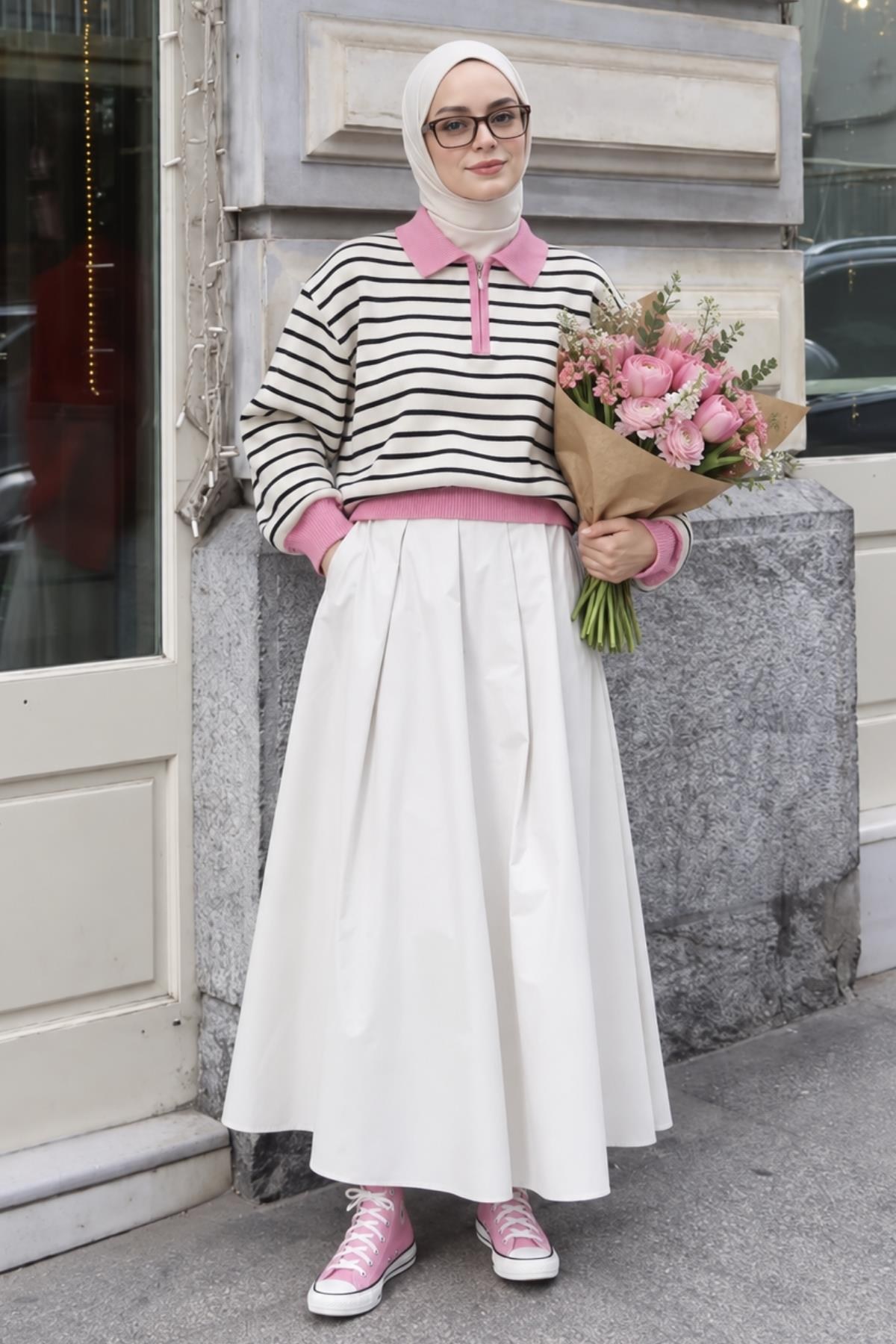 Oslo Kadın Çizgili Oversize Triko Kazak Pembe
