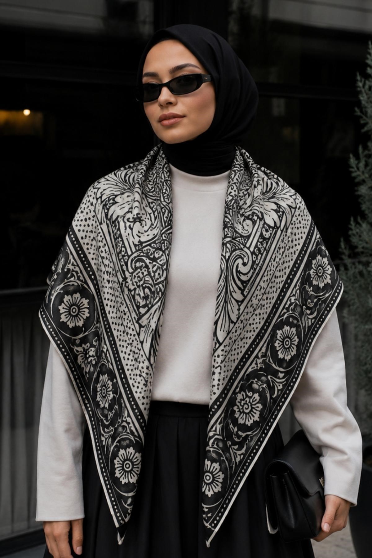 Osmanlı Motif Desen Siyah-Bej Soft Fular Eşarp 90x90 cm