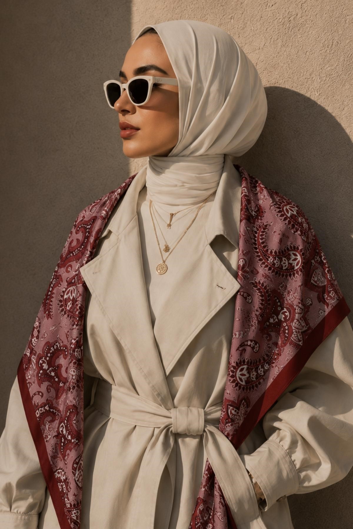 Otantik Desen Bordo-Gül Kurusu Soft Fular Eşarp 90x90 cm