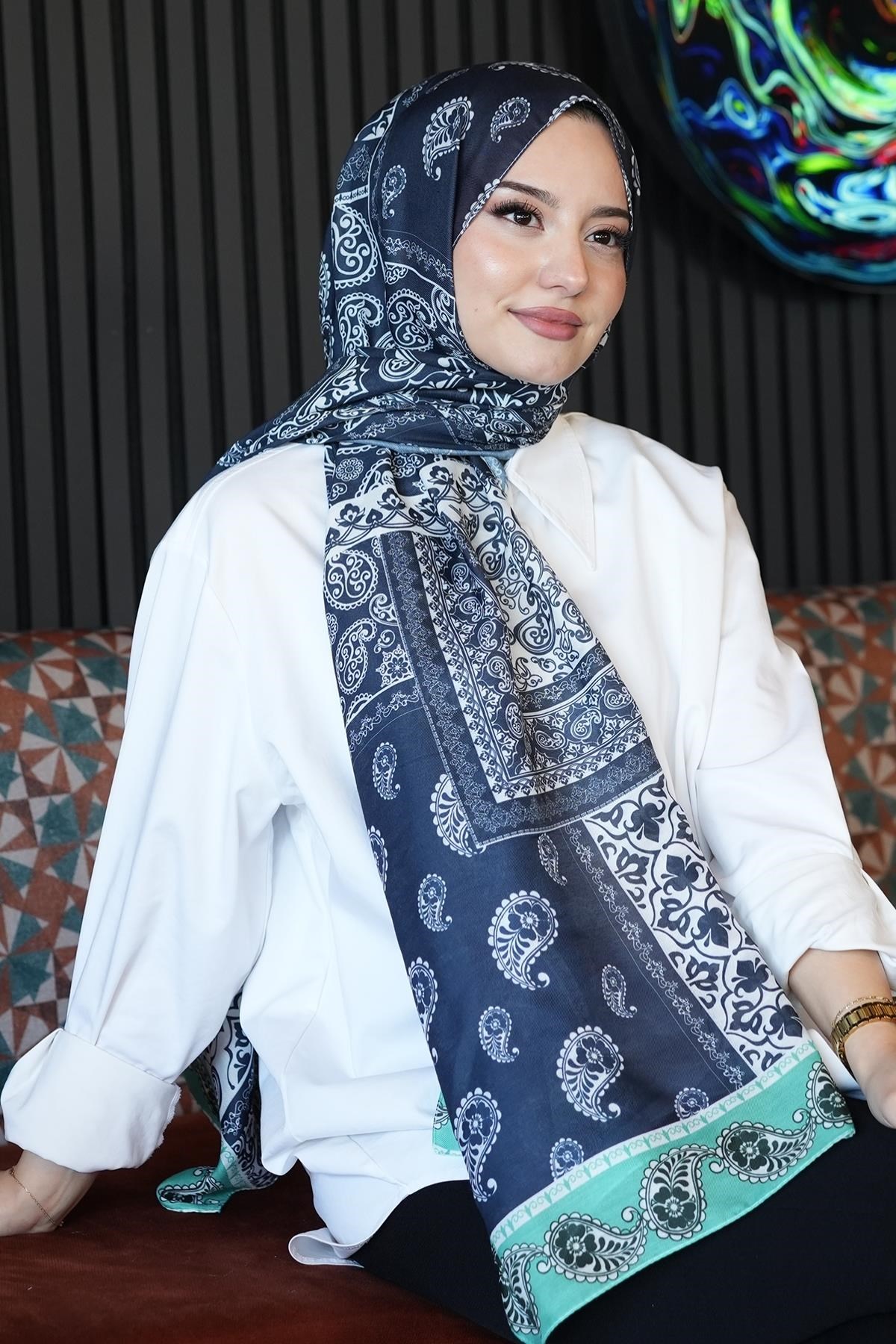Paisley Desen Lacivert Soft Pamuk Şal