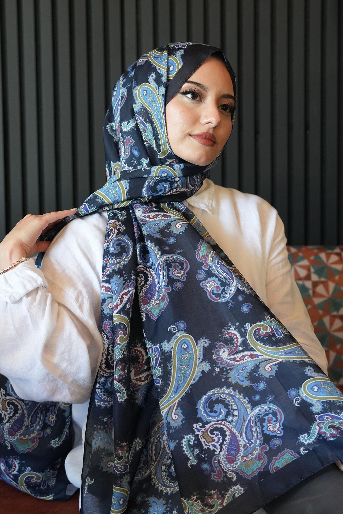 Paisley Desen Lacivert Soft Pamuk Şal
