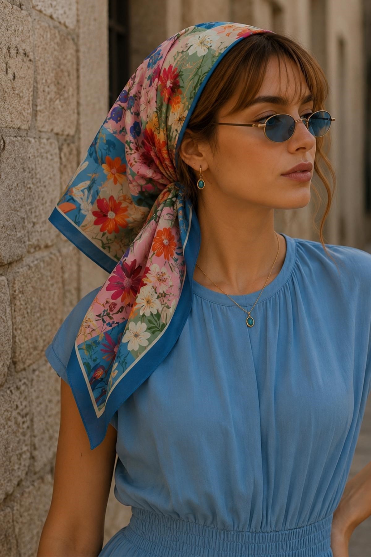 Patchwork Çiçek Bahçesi Desen Mavi-Pudra Soft Bandana Fular 50x50 cm