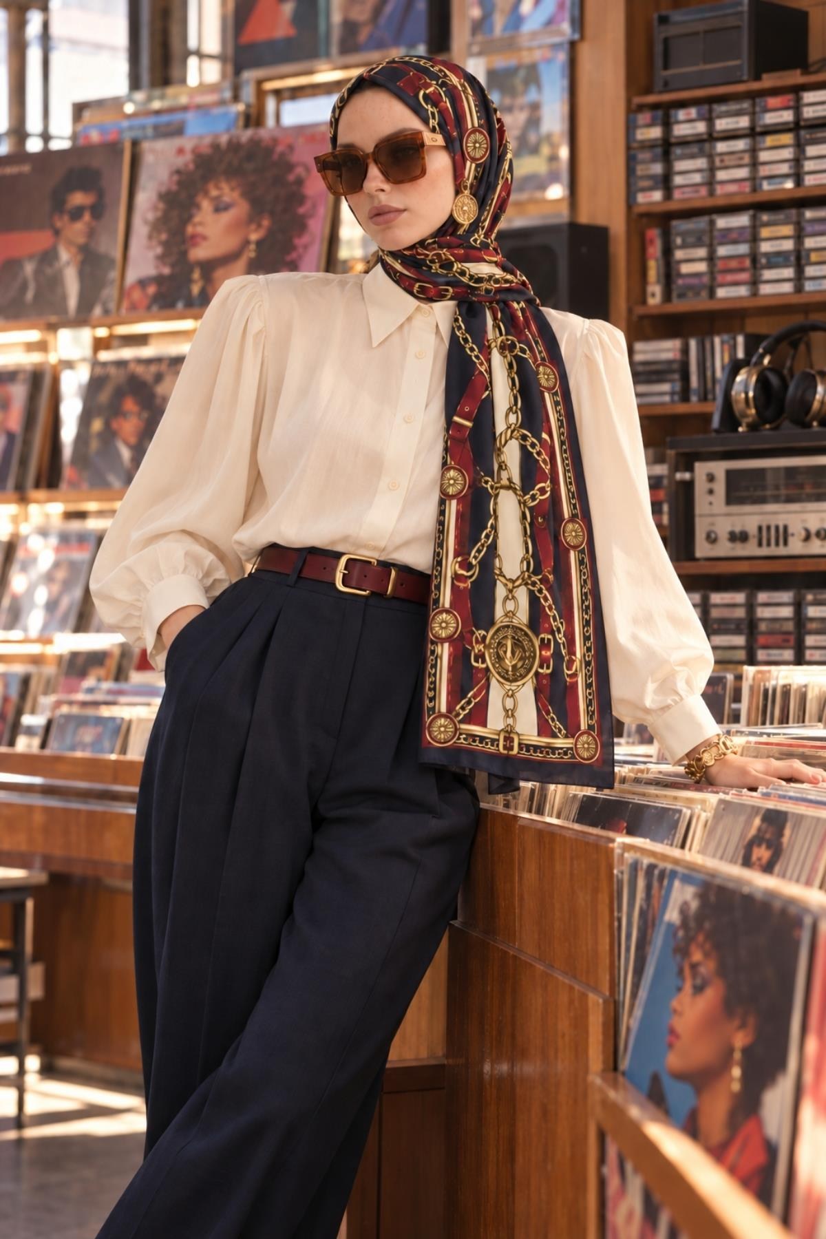Retro 80’ler Vintage Zincir Desenli Gold Soft Pamuk Şal