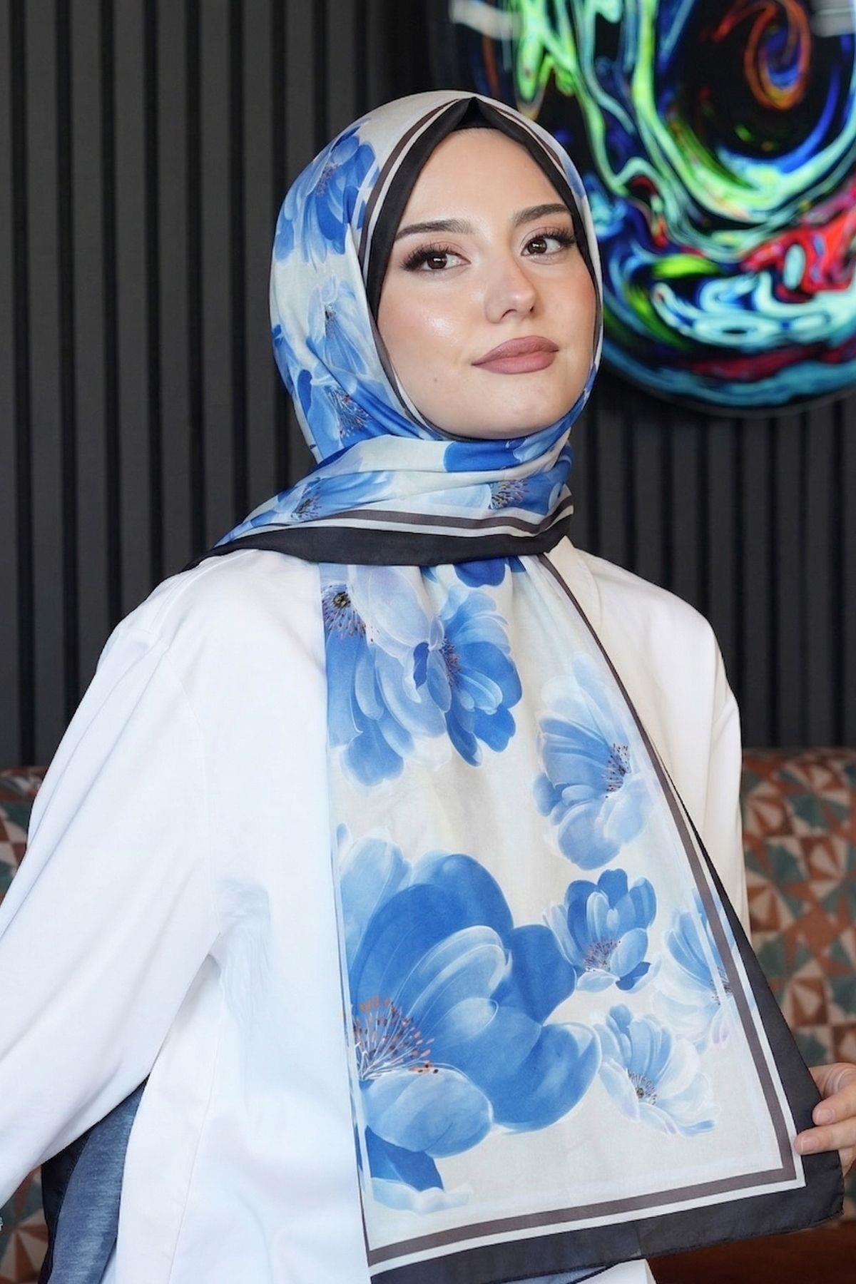 Şakayık Desen Mavi Soft Pamuk Şal 