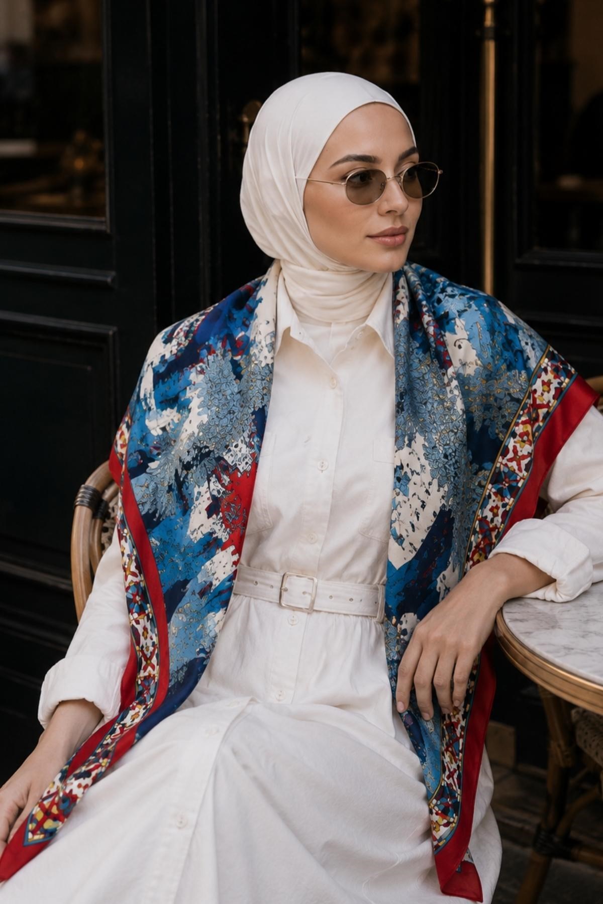 Şato Bahçe Desen Kırmızı-Mavi Soft Fular Eşarp 90x90 cm