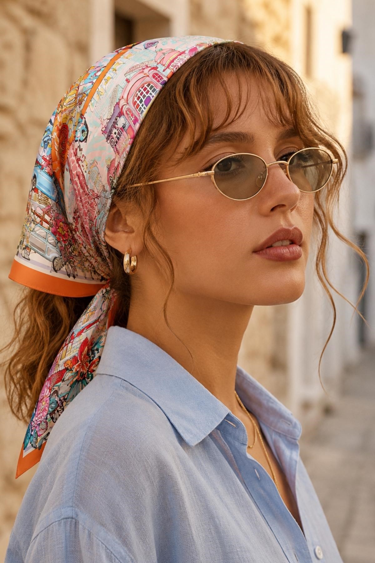 Şehir Temalı Zürafa Desen Turuncu Soft Bandana Fular 50x50 cm