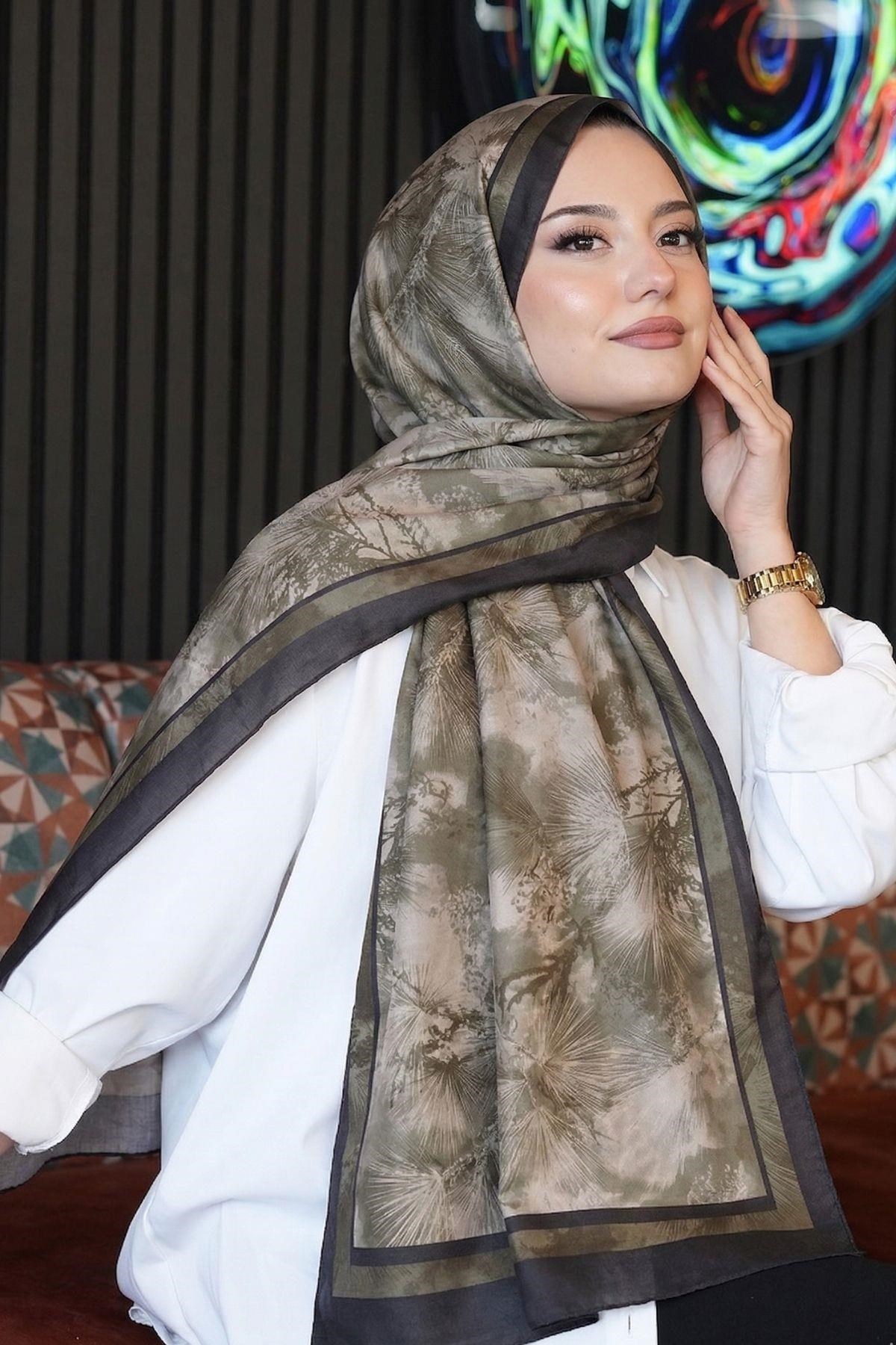 Soft Bitki Desen Haki Soft Pamuk Şal