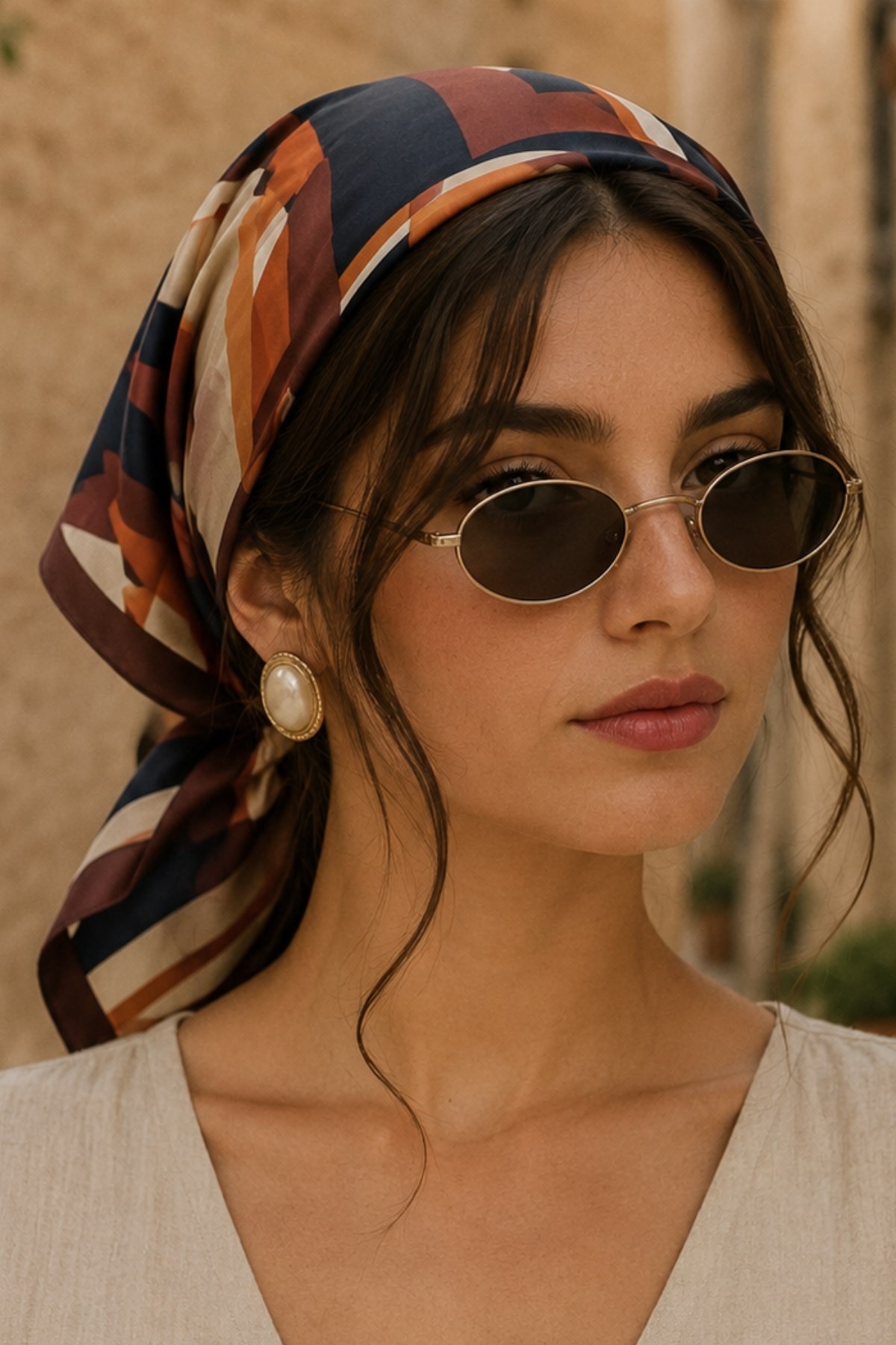 Soyut Geometri Desen Taba Saten Bandana Fular 50×50 cm