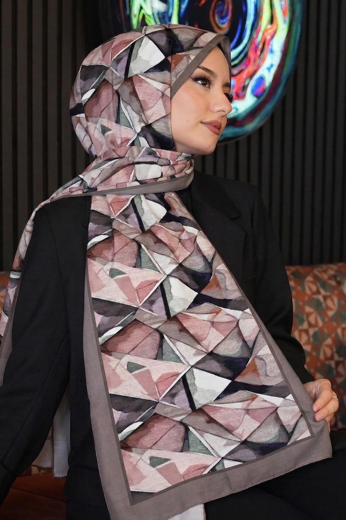 Soyut Geometrik Desen Vizon Soft Pamuk Şal