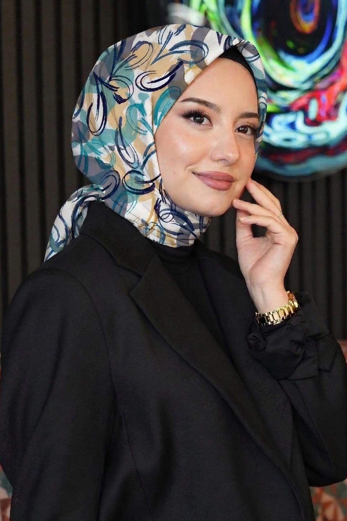 Soyut Yaprak Desen Yeşil Soft Pamuk Eşarp