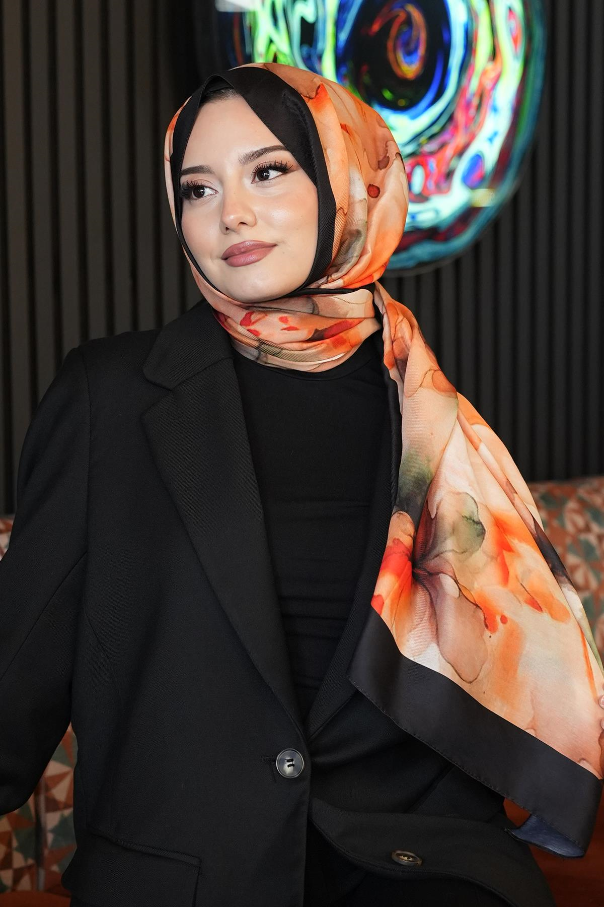 Sulu Boya Desen Turuncu Soft Pamuk Şal