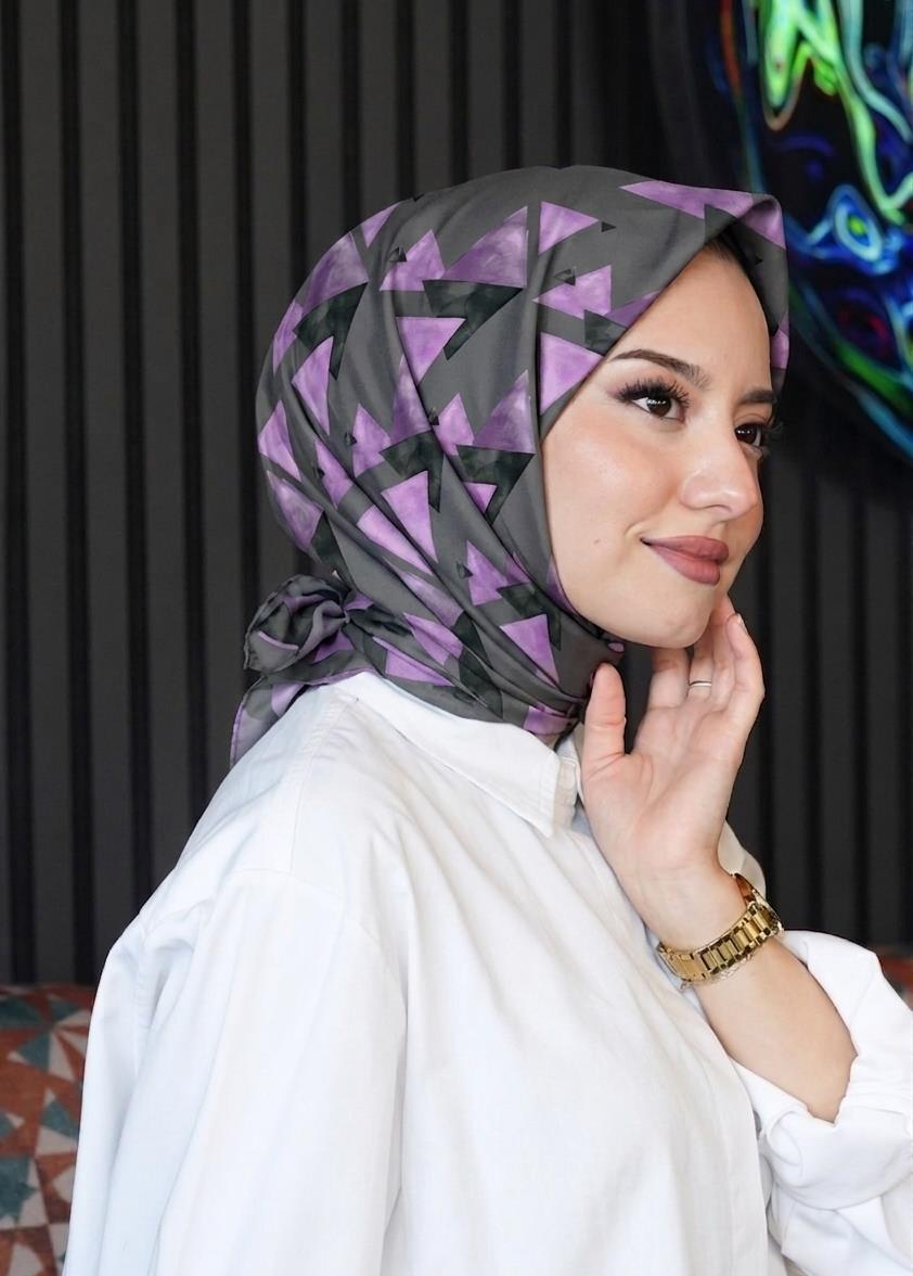 Üçgen Desen Mor Soft Pamuk Eşarp