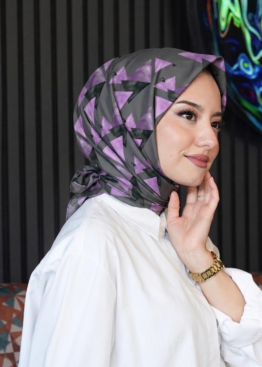 Üçgen Desen Mor Soft Pamuk Eşarp