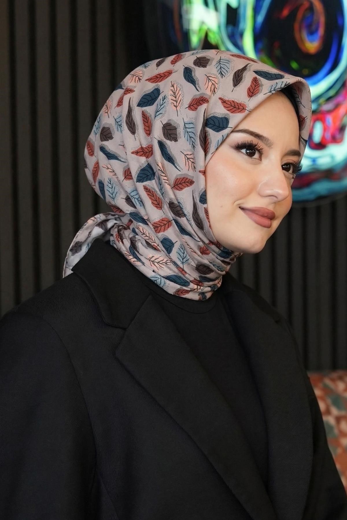 Yaprak Desen Açık-Gri Soft Pamuk Eşarp