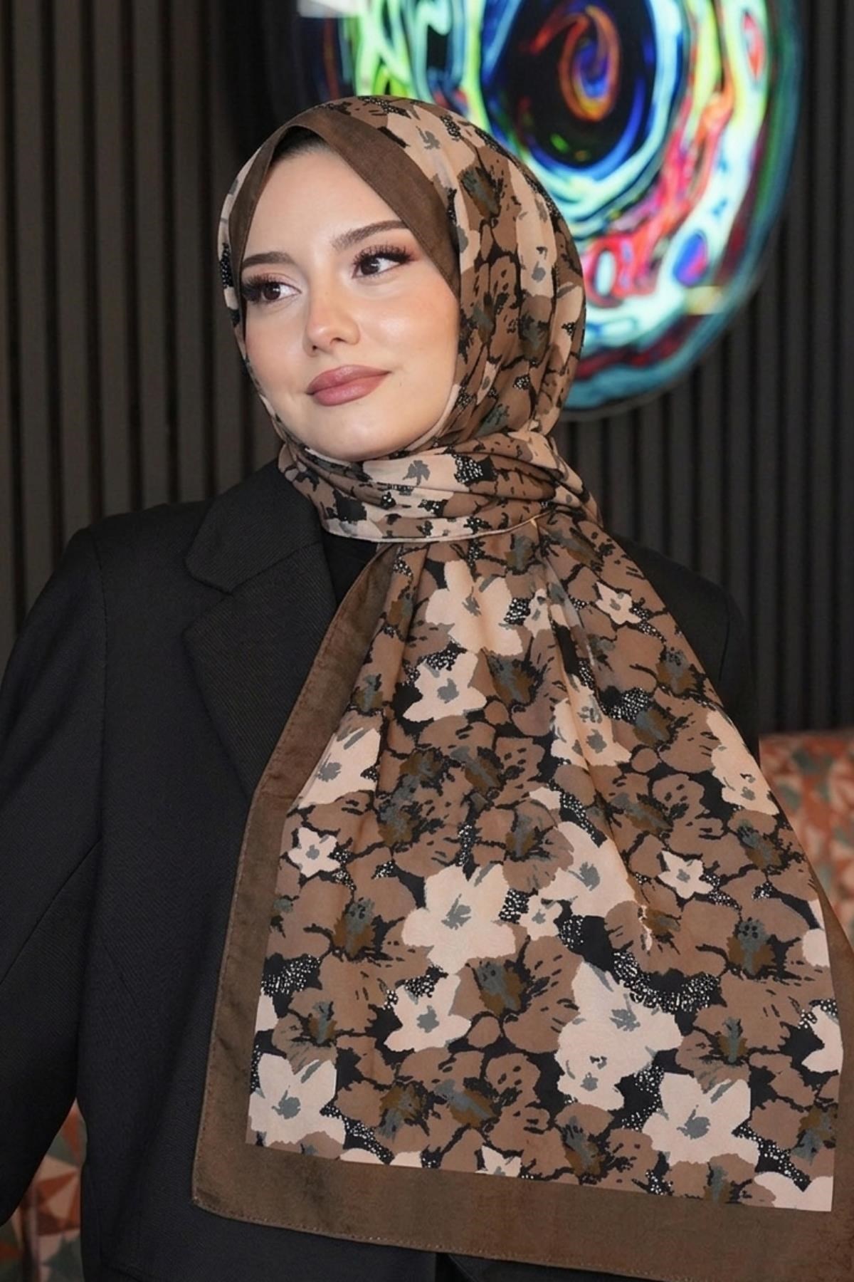 Yaprak Desen Çikolata Kahve Soft Pamuk Şal