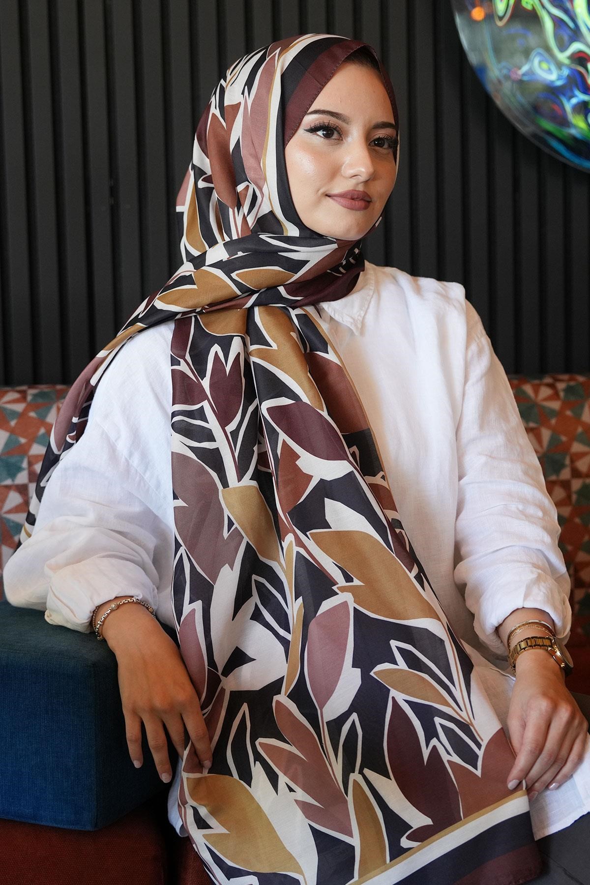Yaprak Desen Kahverengi Soft Pamuk Şal