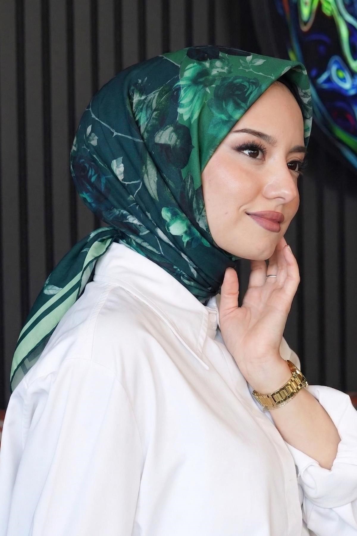 Yaprak Desen Yeşil Soft Pamuk Eşarp