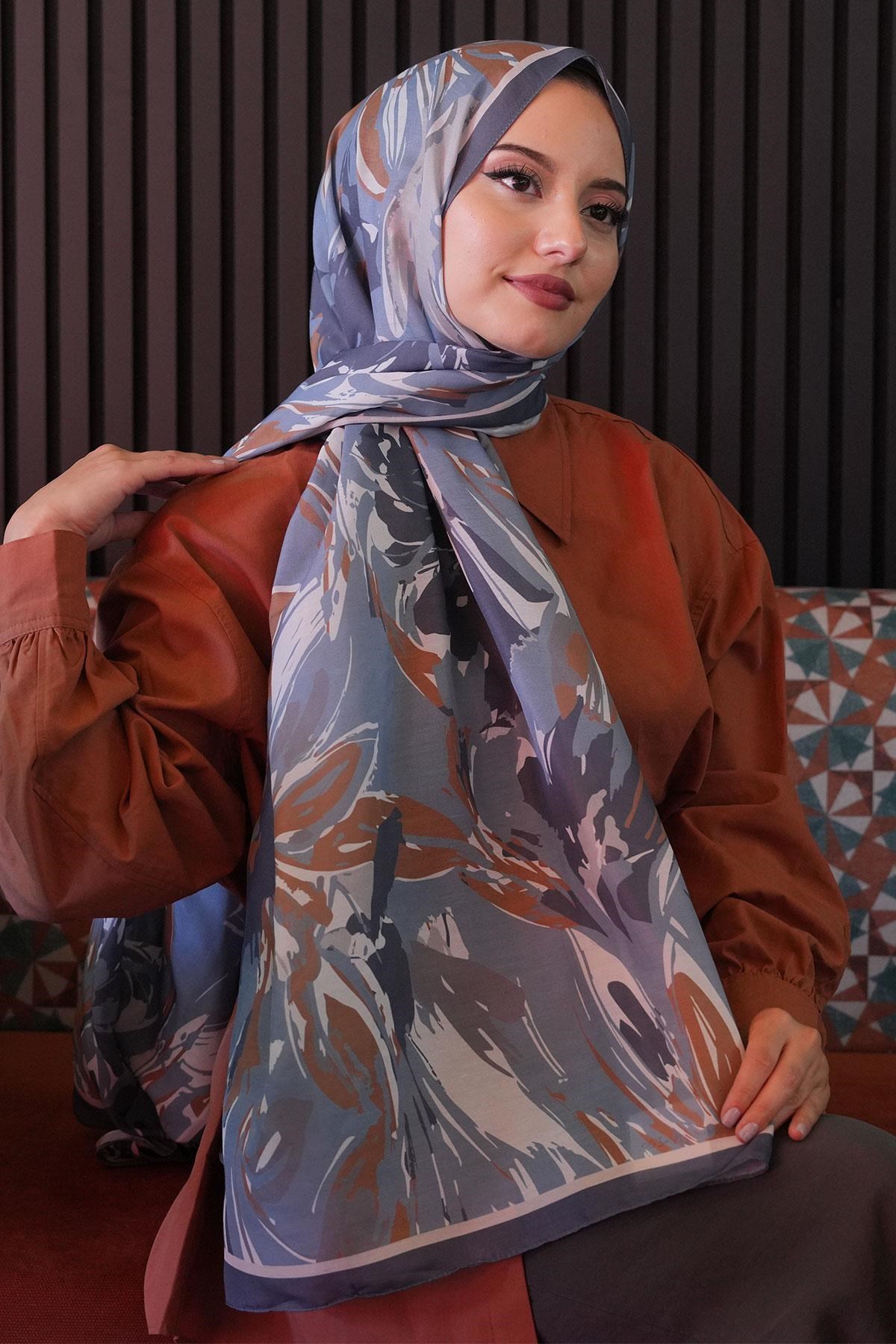Zambak Çiçek Desen Mavi Soft Pamuk Şal