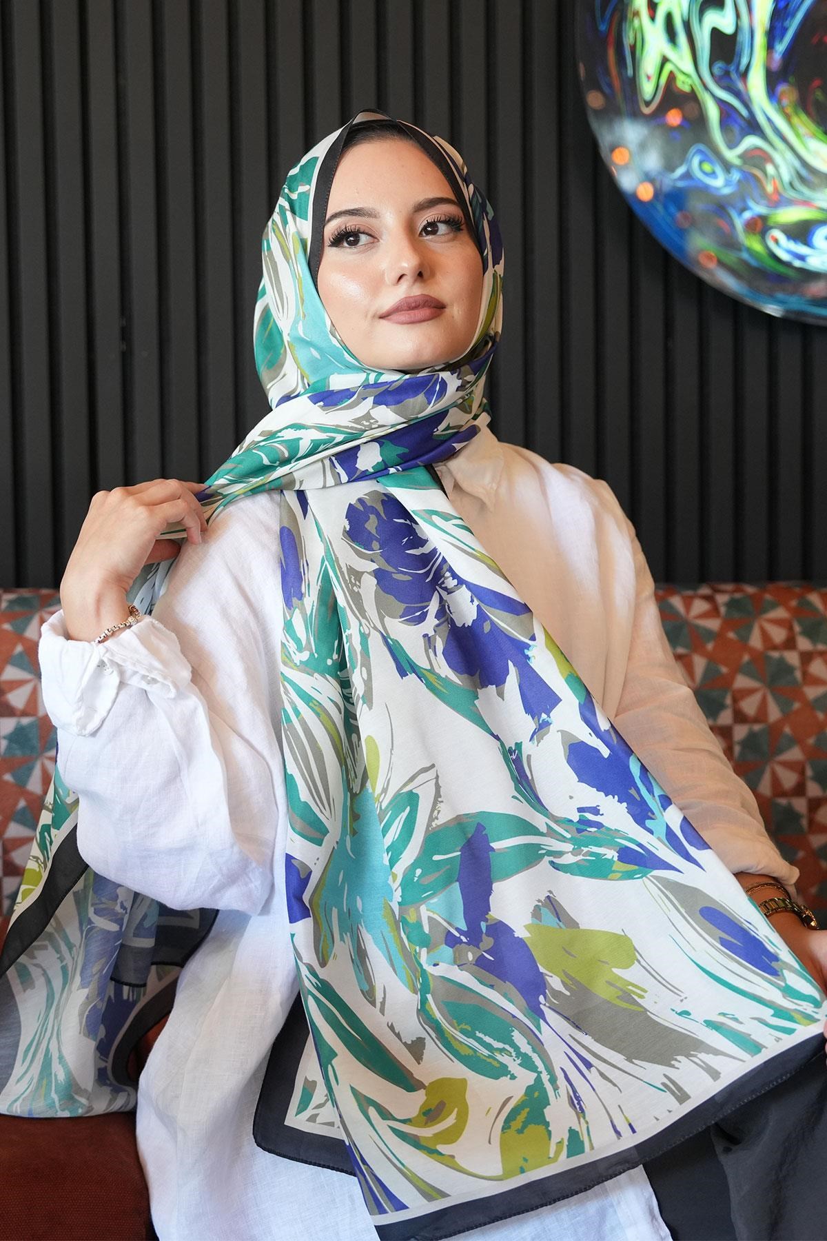 Zambak Çiçek Desen Yeşil Soft Pamuk Şal