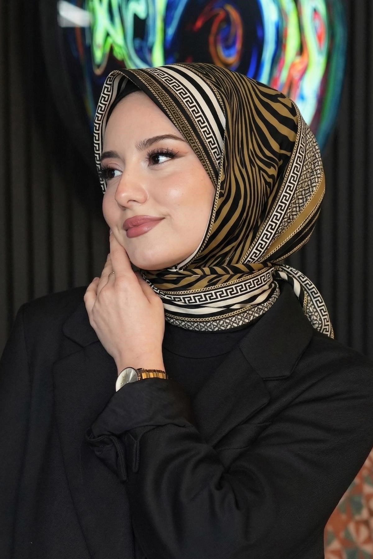 Zebra Desen Altın Soft Pamuk Eşarp