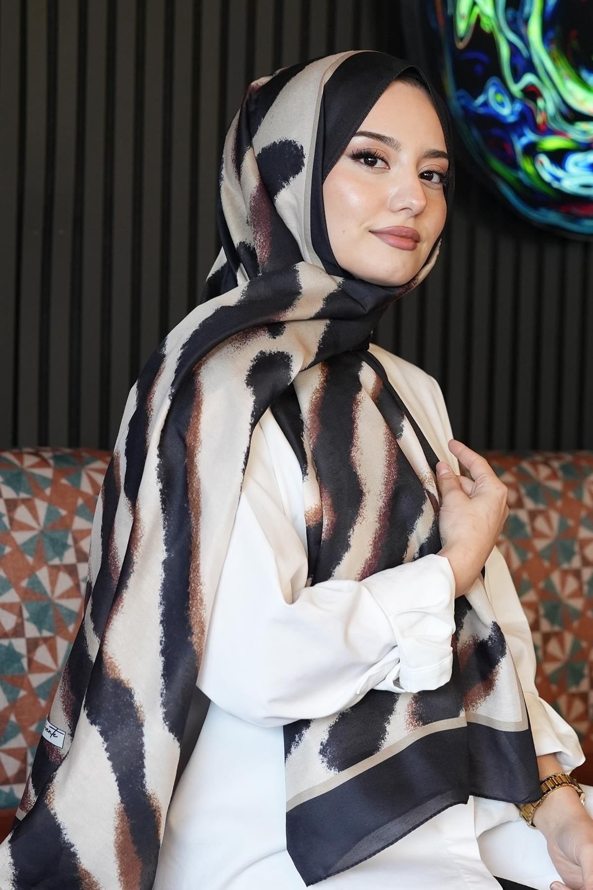 Zebra Desen Karamel Soft Pamuk Şal