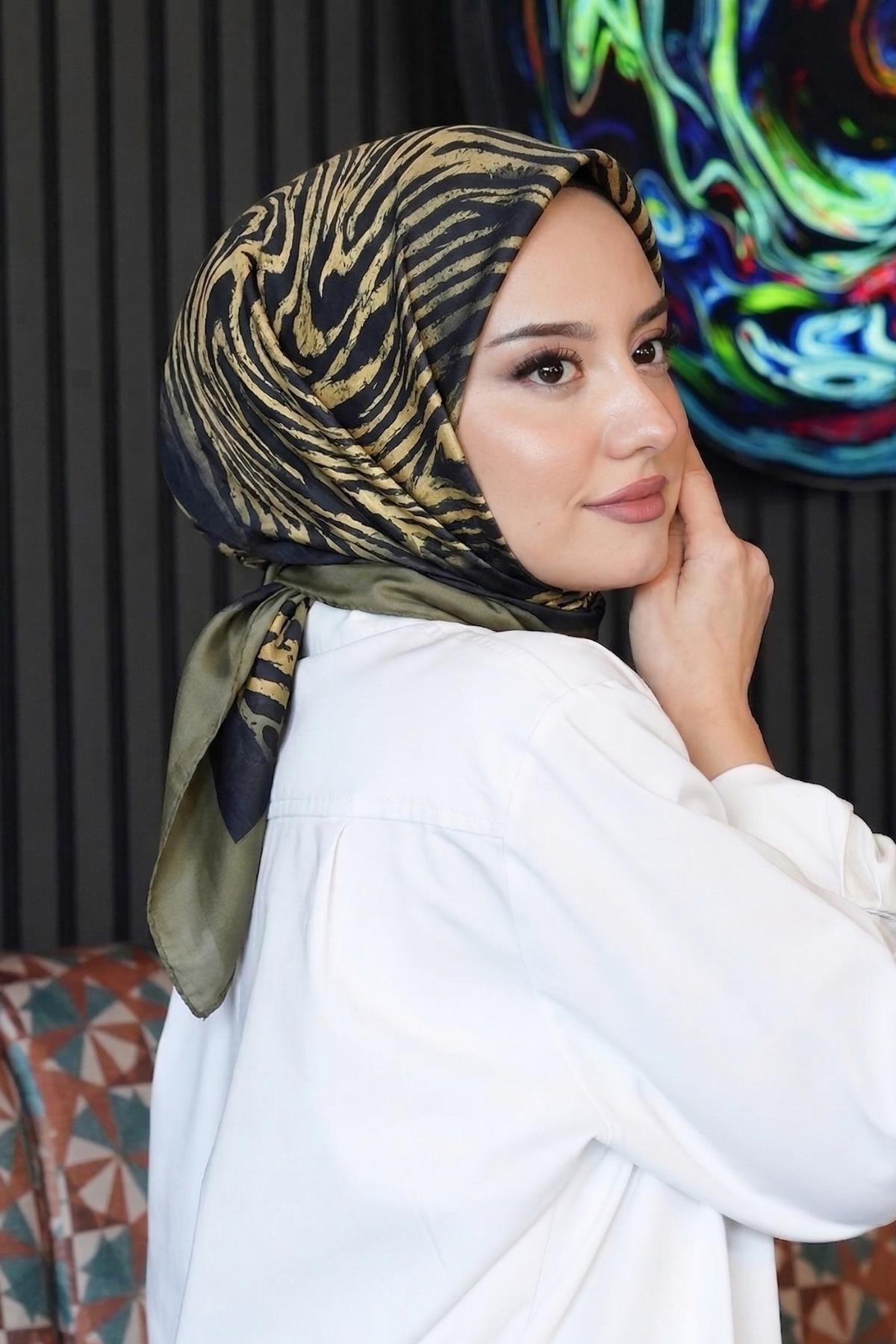 Zebra Desen Yeşil Soft Pamuk Eşarp