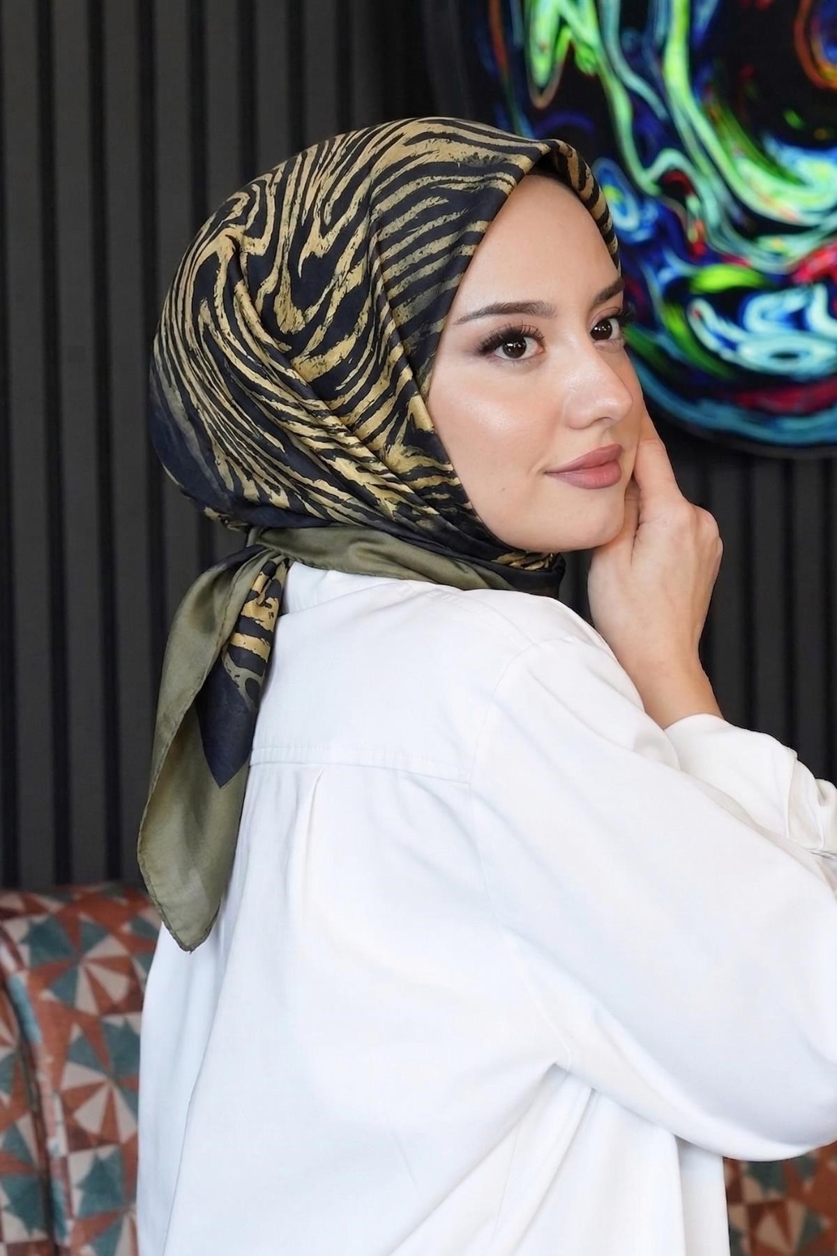 Zebra Desen Yeşil Soft Pamuk Eşarp