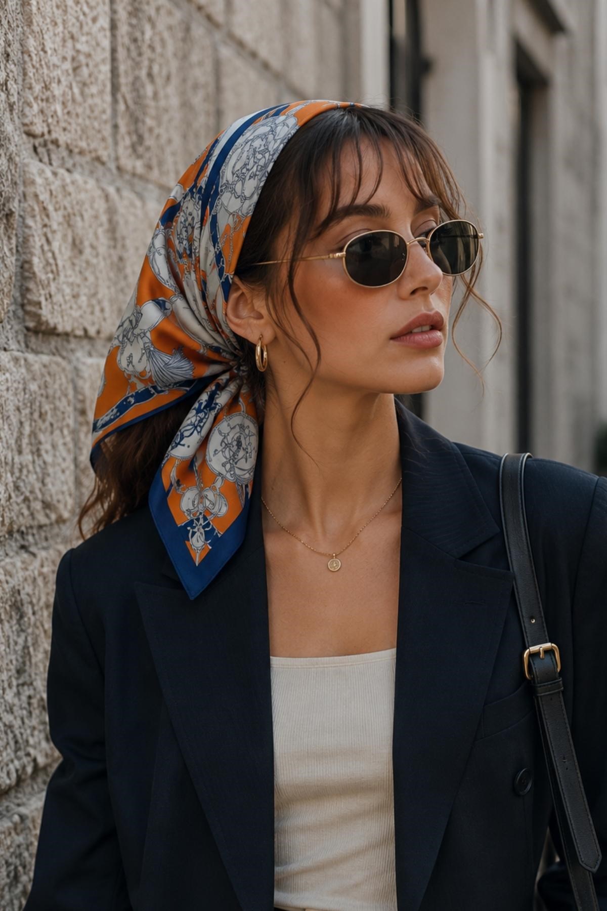 Zincir Desen Saks-Turuncu Soft Bandana Fular 50x50 cm