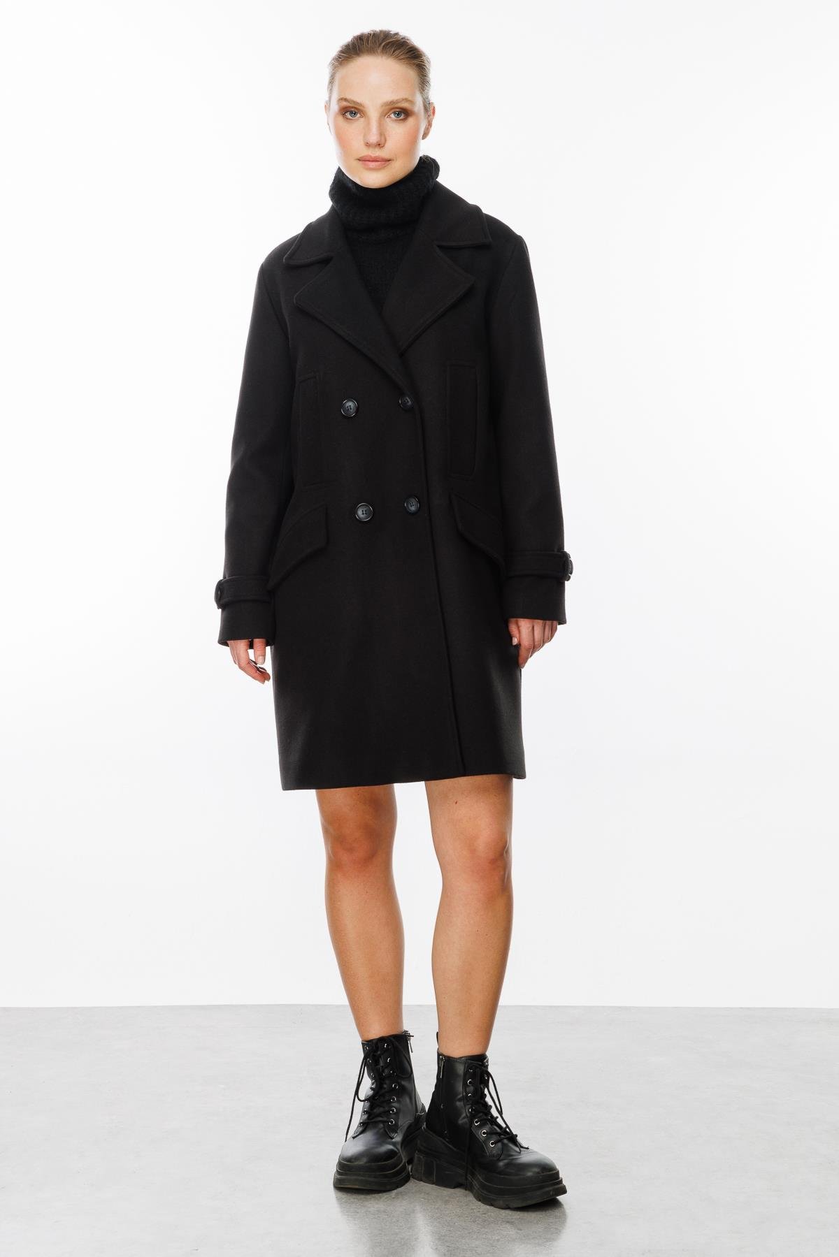 4 Cep Detaylı Kaşe Kaban-SİYAH