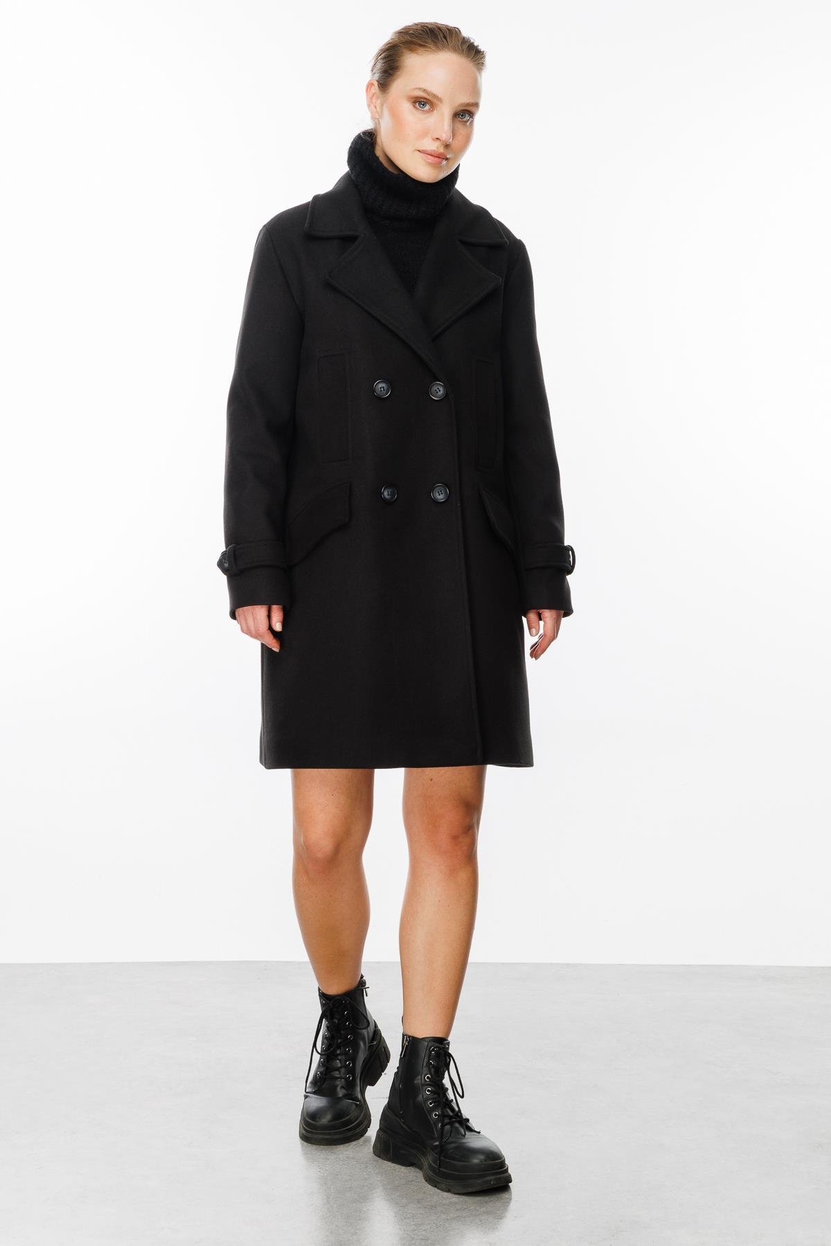 4 Cep Detaylı Kaşe Kaban-SİYAH