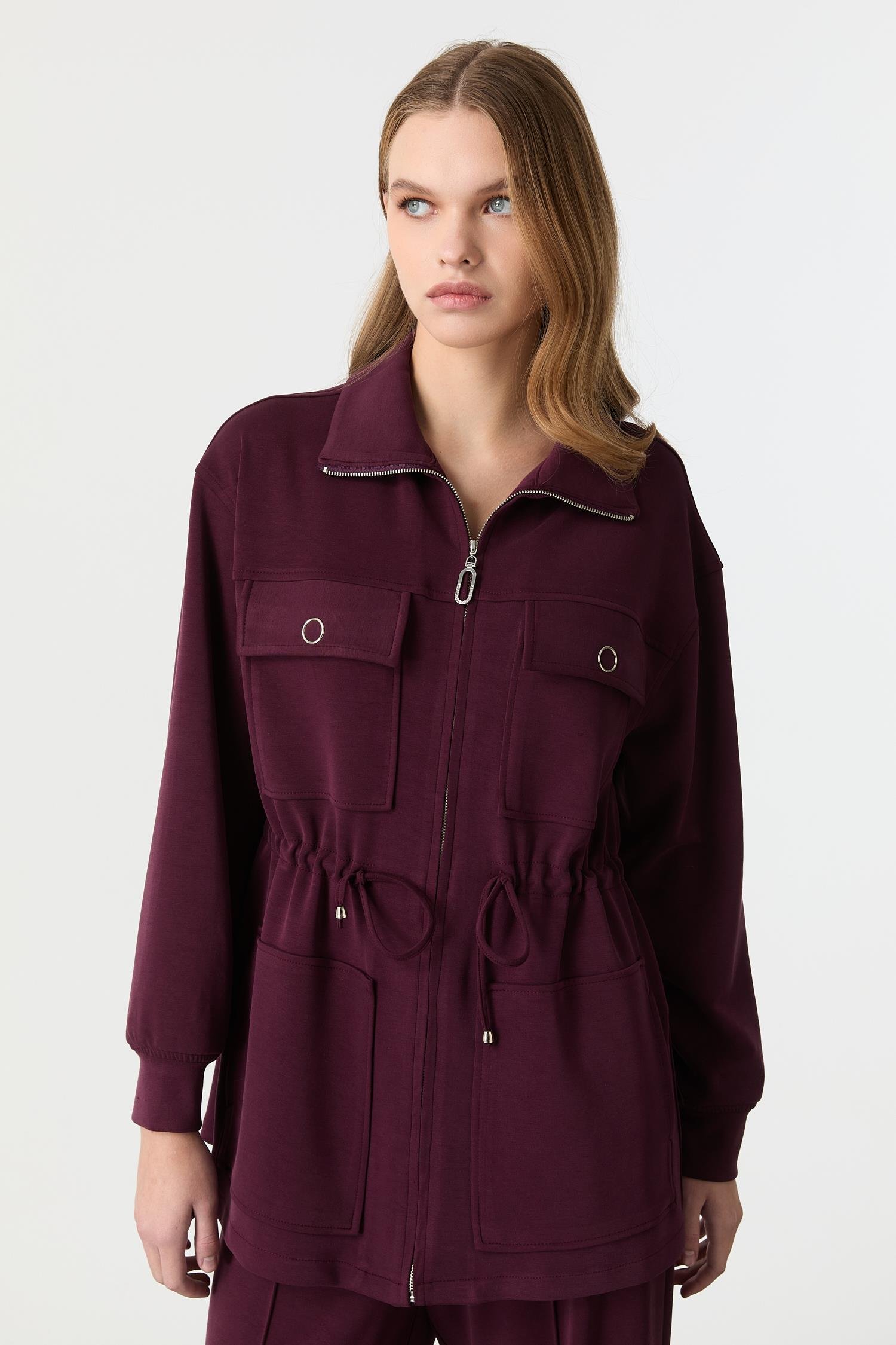 4 Cep Fermuar Detaylı Modal Tunik-BORDO