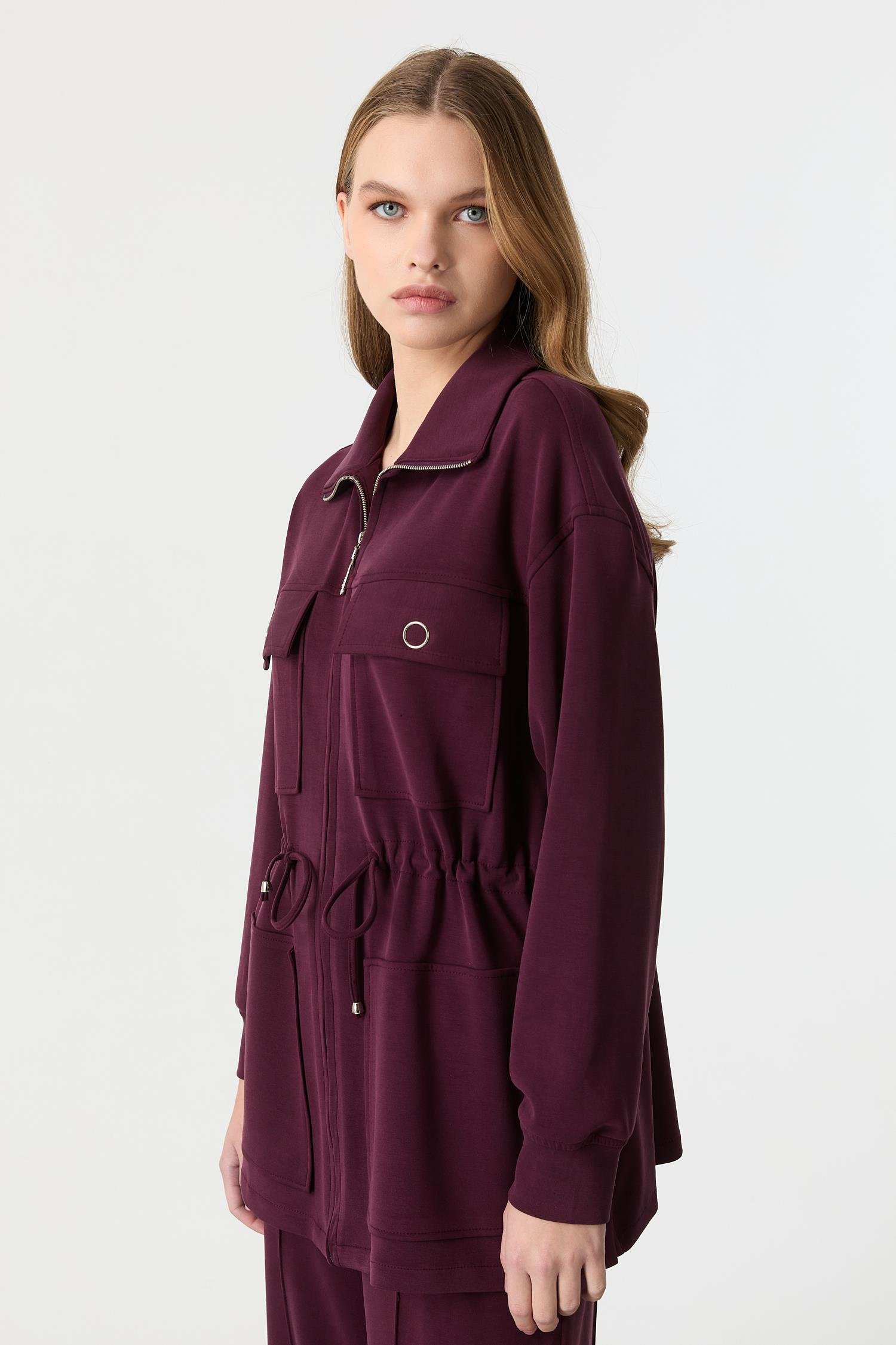 4 Cep Fermuar Detaylı Modal Tunik-BORDO