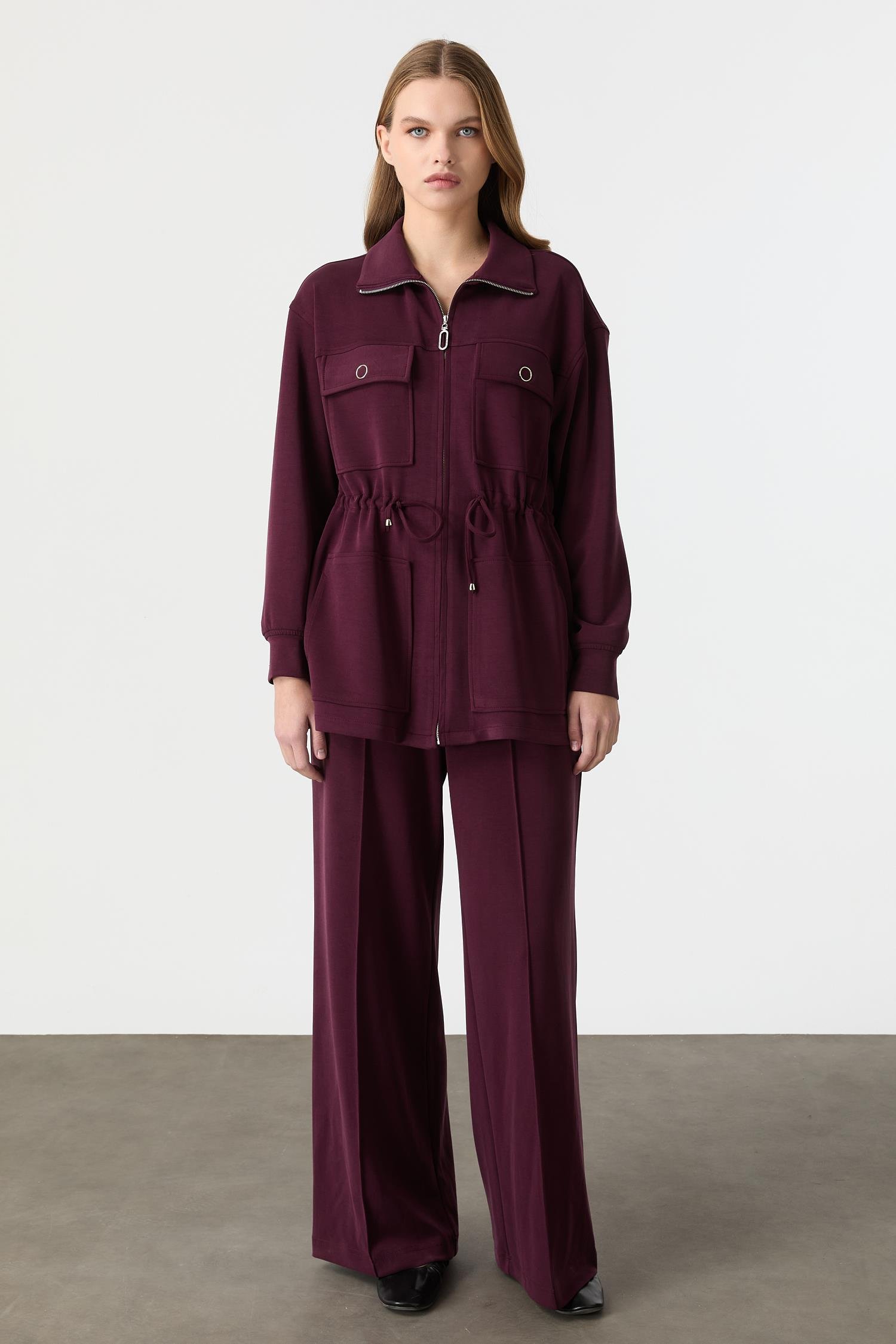 4 Cep Fermuar Detaylı Modal Tunik-BORDO