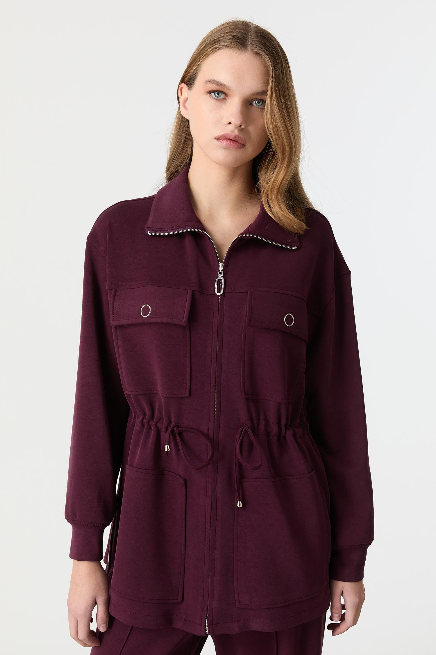 4 Cep Fermuar Detaylı Modal Tunik-BORDO