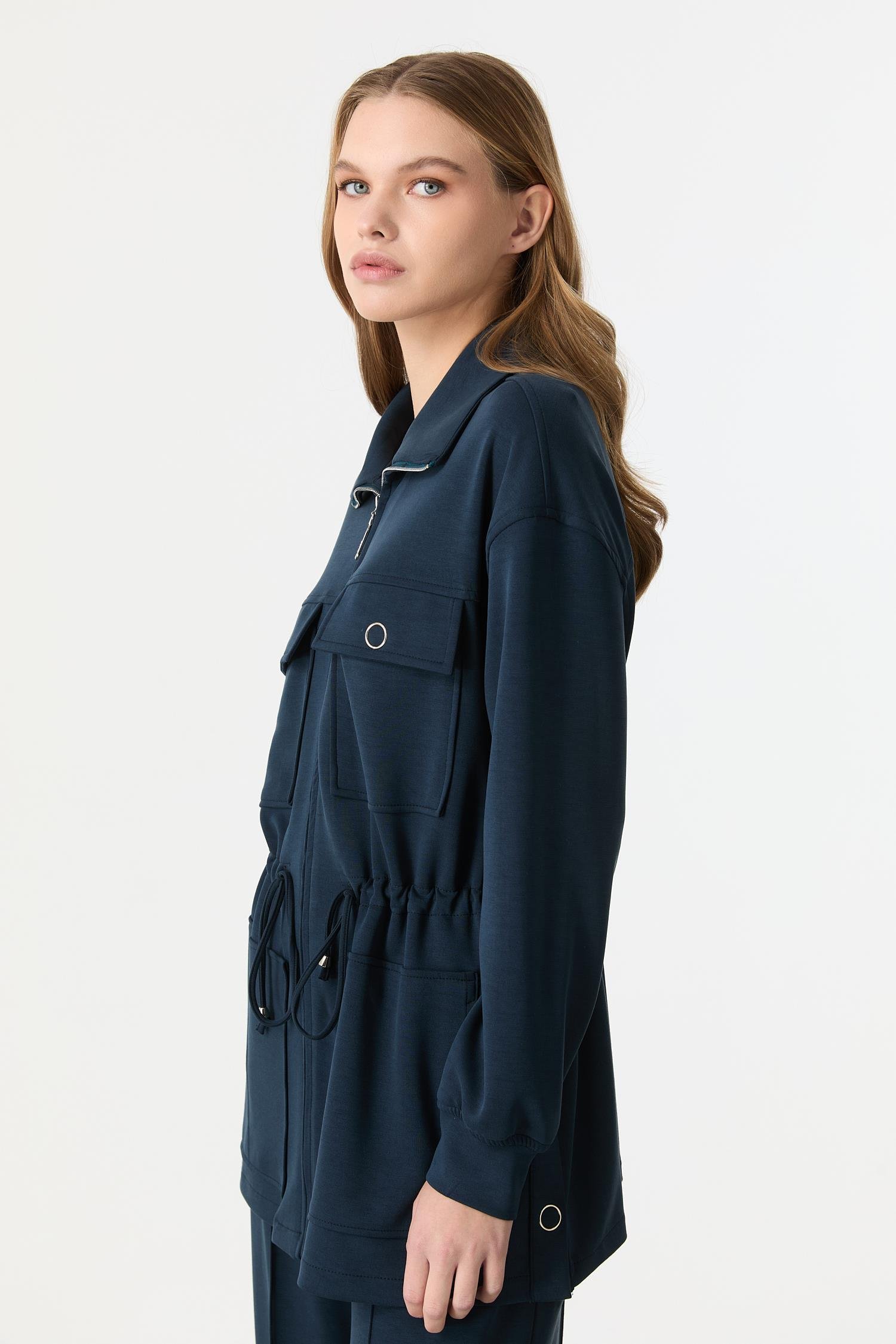 4 Cep Fermuar Detaylı Modal Tunik-PETROL