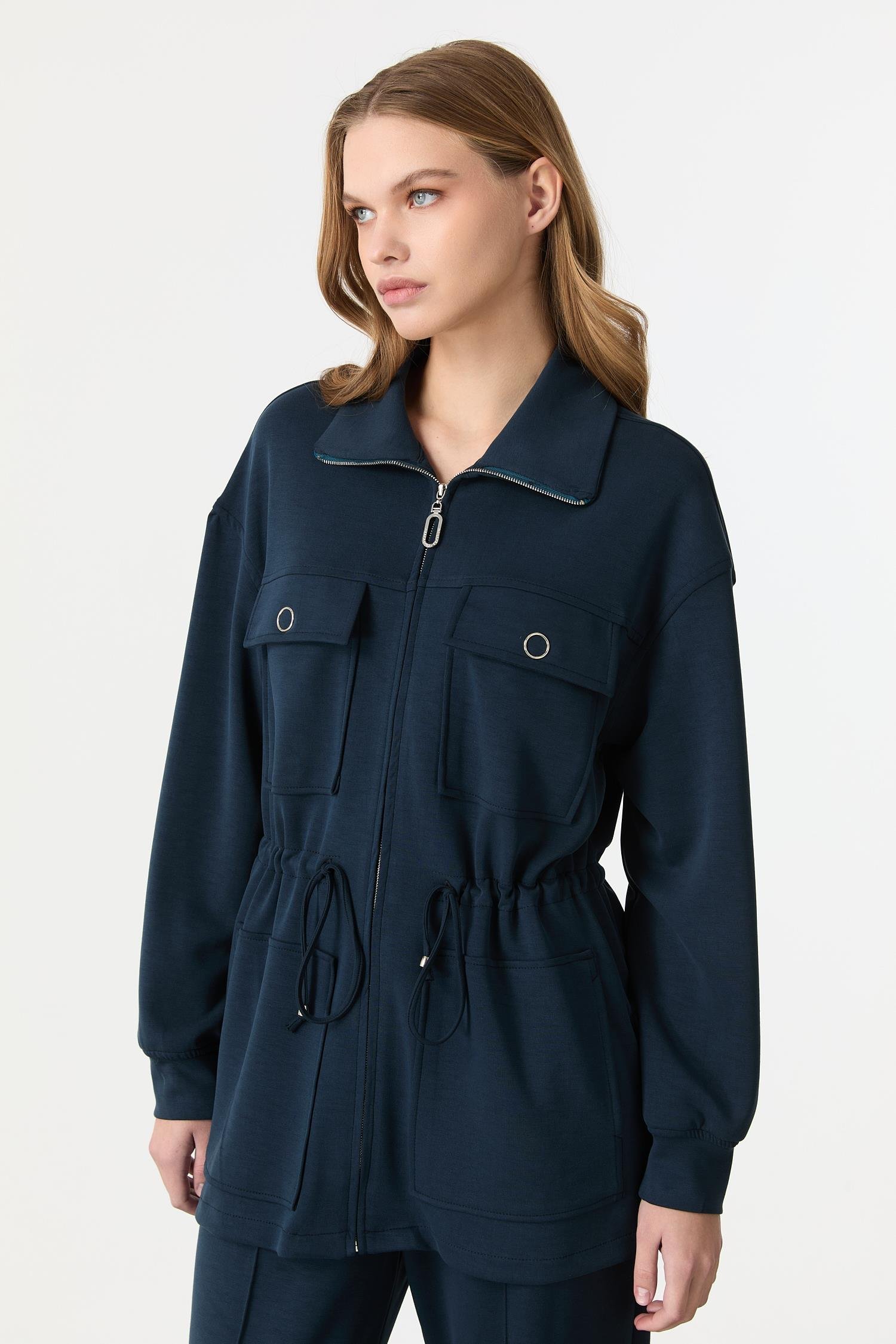 4 Cep Fermuar Detaylı Modal Tunik-PETROL