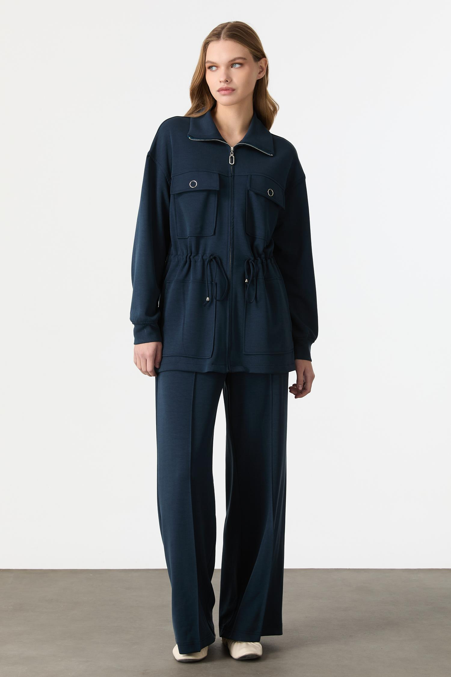 4 Cep Fermuar Detaylı Modal Tunik-PETROL