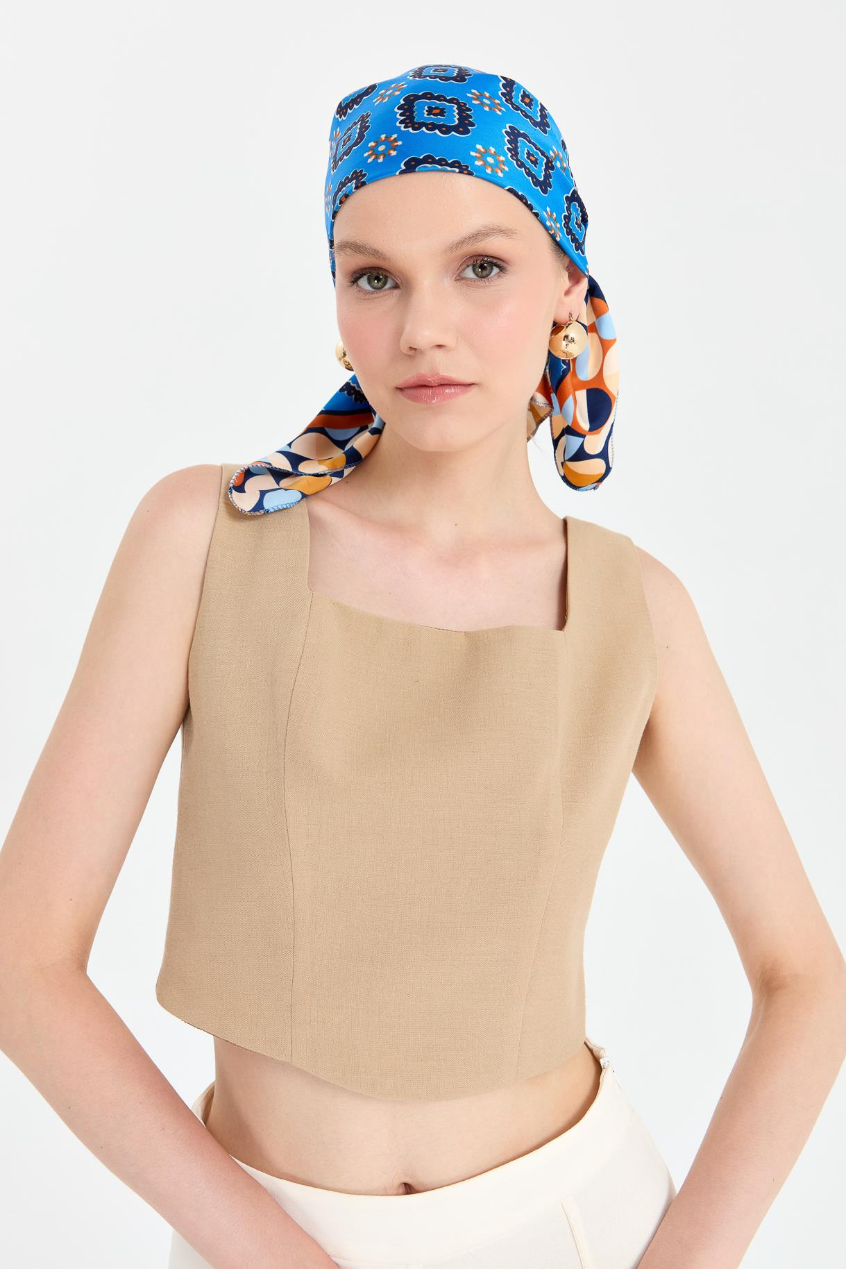 Arkası Lastikli Keten Crop - BEJ