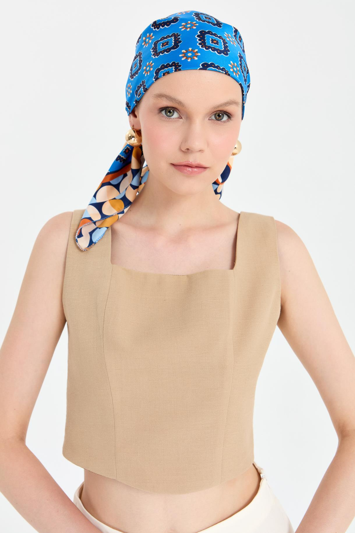 Arkası Lastikli Keten Crop - BEJ