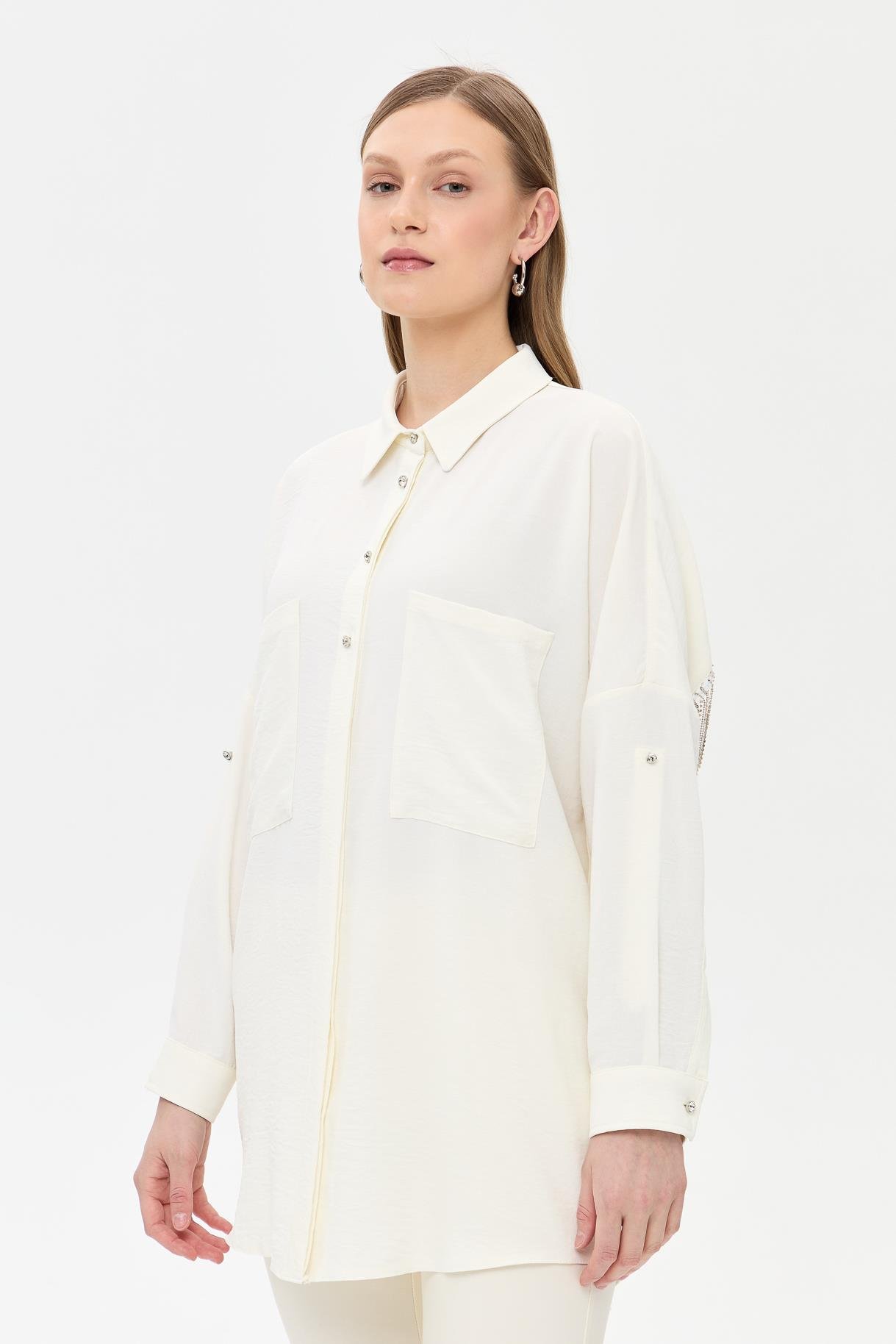 Arkası Taş Detaylı  Oversize Gömlek - KEMIK