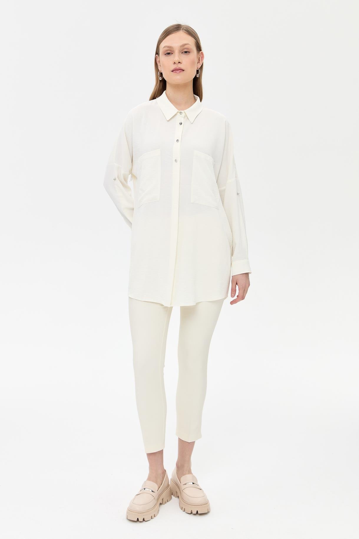 Arkası Taş Detaylı  Oversize Gömlek - KEMIK